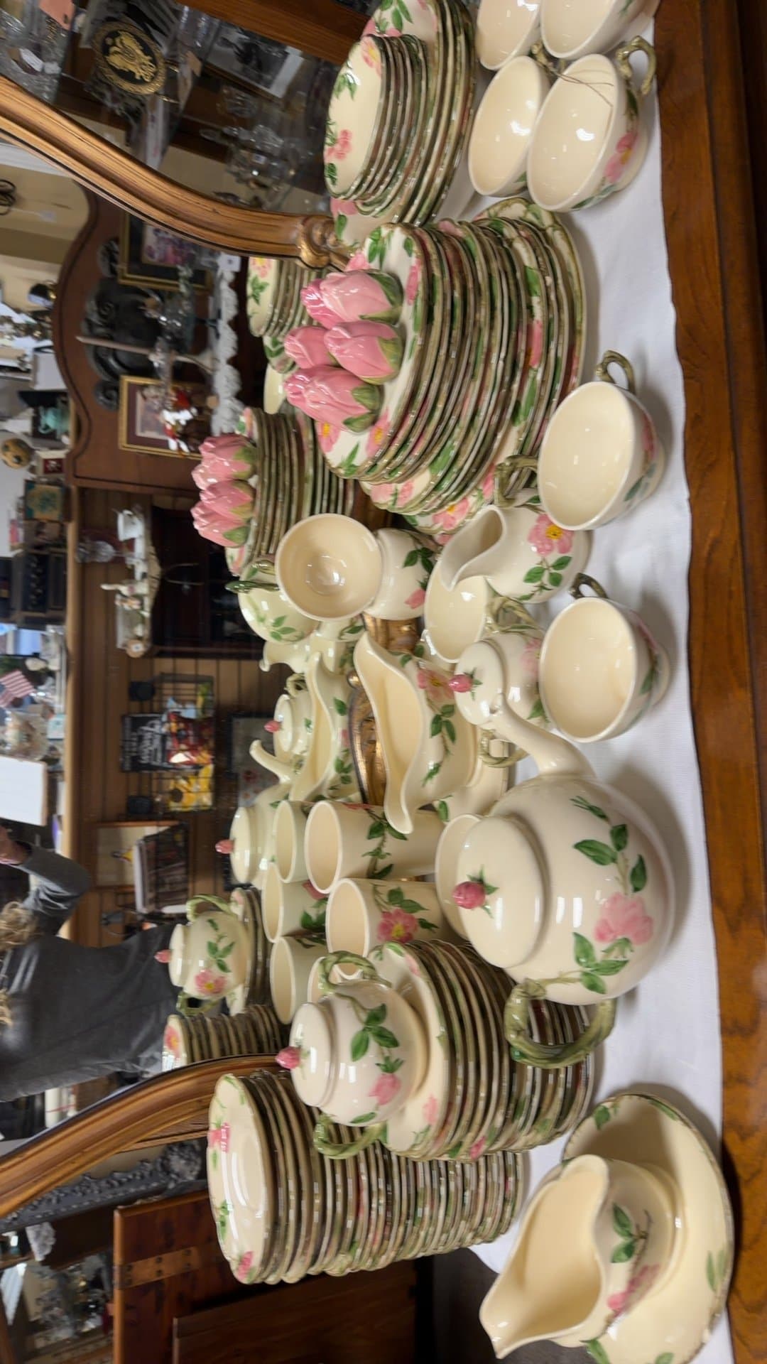 Vintage Franciscan Ware Desert Rose Ceramic Dinnerware Set -2 gravy boats, 2 covered sugar bowls, 1 uncovered, 1 creamer, 6 (3 sets) of salt and pepper shakers, 1 teapot, 9- teacups, 7 small bowls, 4 big bowls, 3 tumblers, 40+ saucers, 6- dessert plates, 5- salad plates, 3 dinner plates, 1 - large plate/ serverr - Image 1