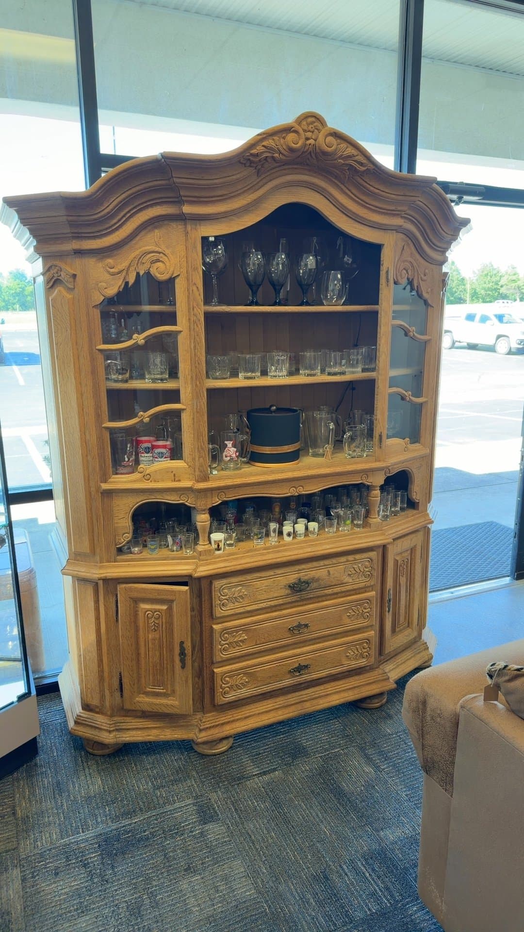 Ornate Wooden Hutch with Glass Display - Image 1