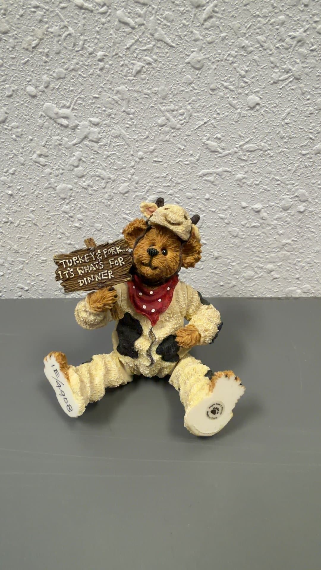Boyds Bears Resin Figurine Bear in Cow Suit Holding Sign - Image 1