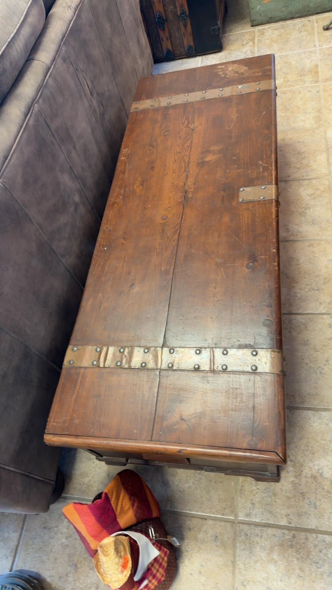 Rustic Wooden Storage Trunk with Brass Strapping - Image 1