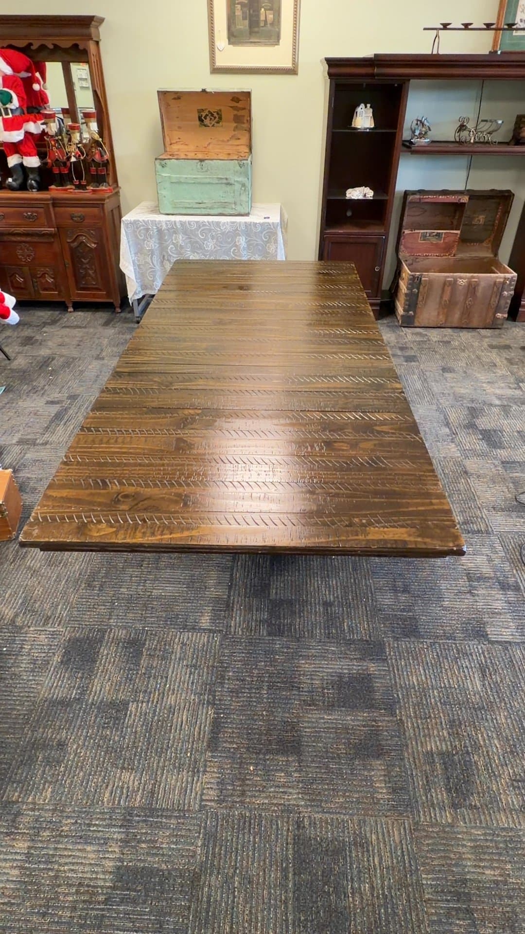 Rustic Trestle Dining Table with Saw Mark Texture - Image 1