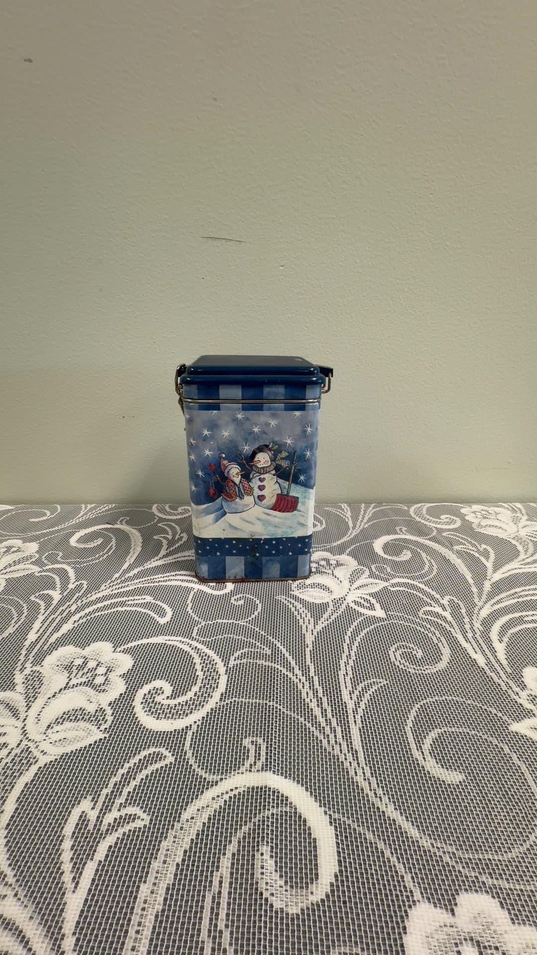 Snowman Winter Holiday Metal Canister Tin with Latch Lid - Image 1