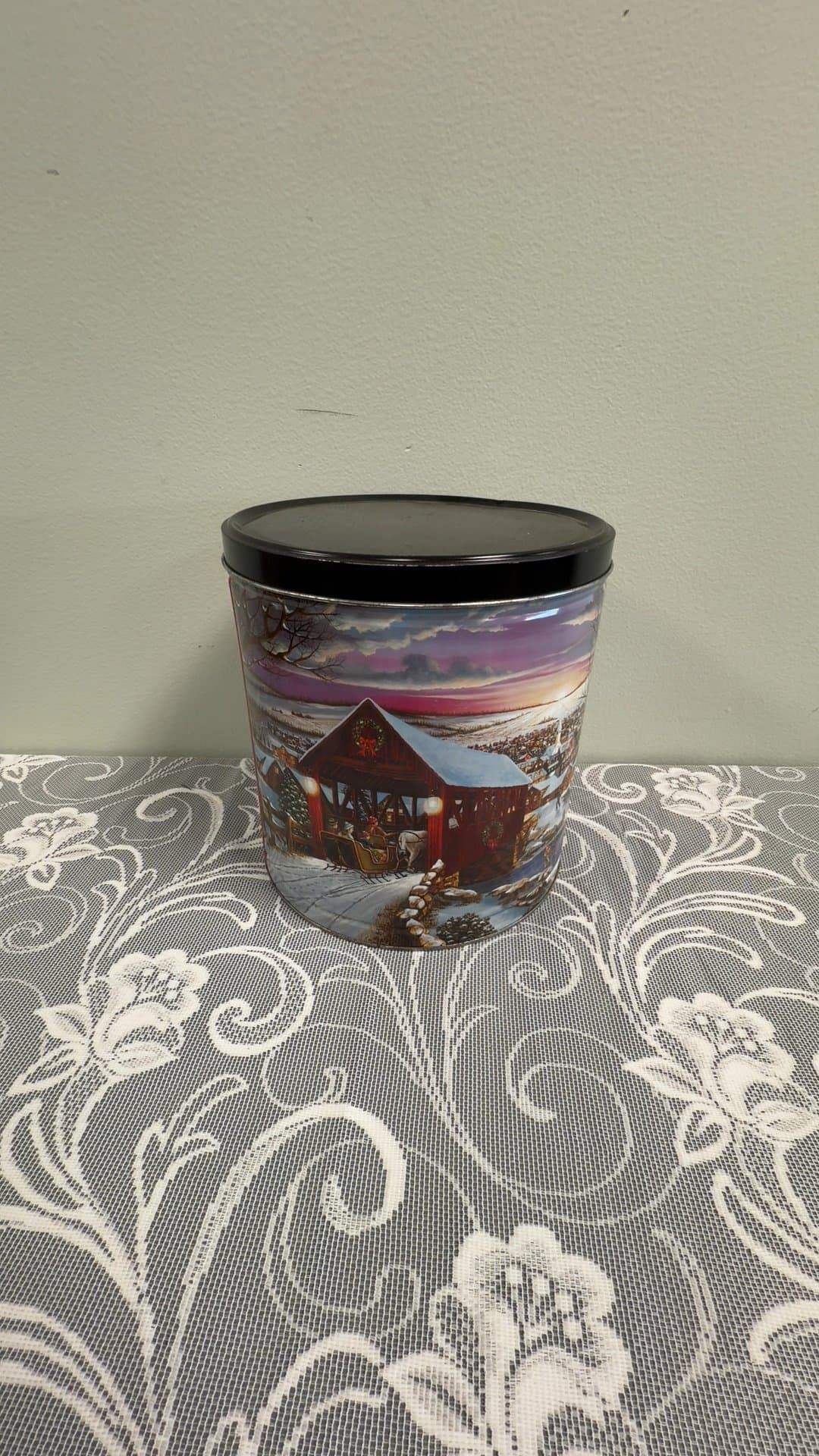 Winter Covered Bridge Popcorn Tin - Image 1