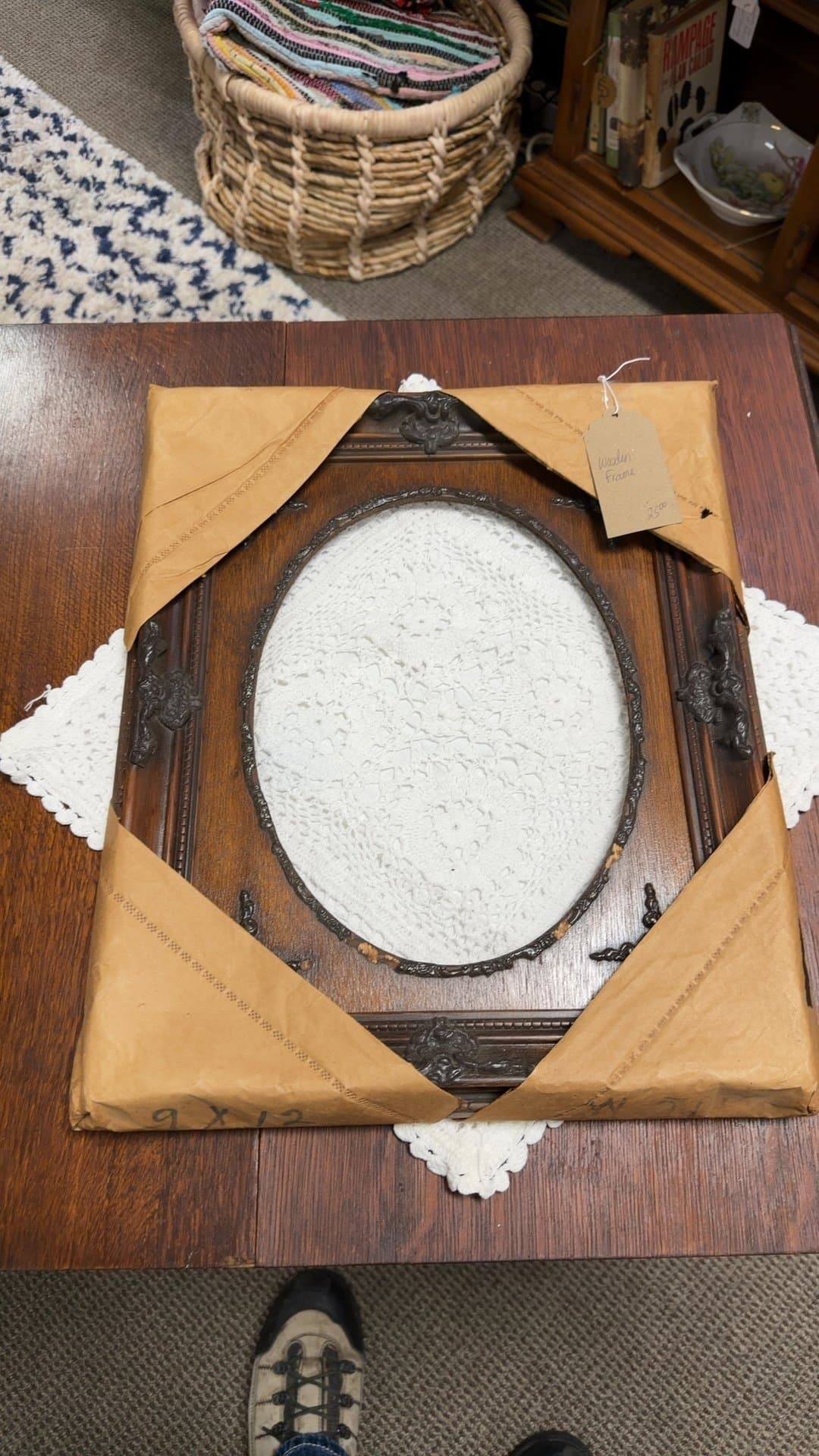 Antique Wooden Frame with Crochet Insert - Image 1