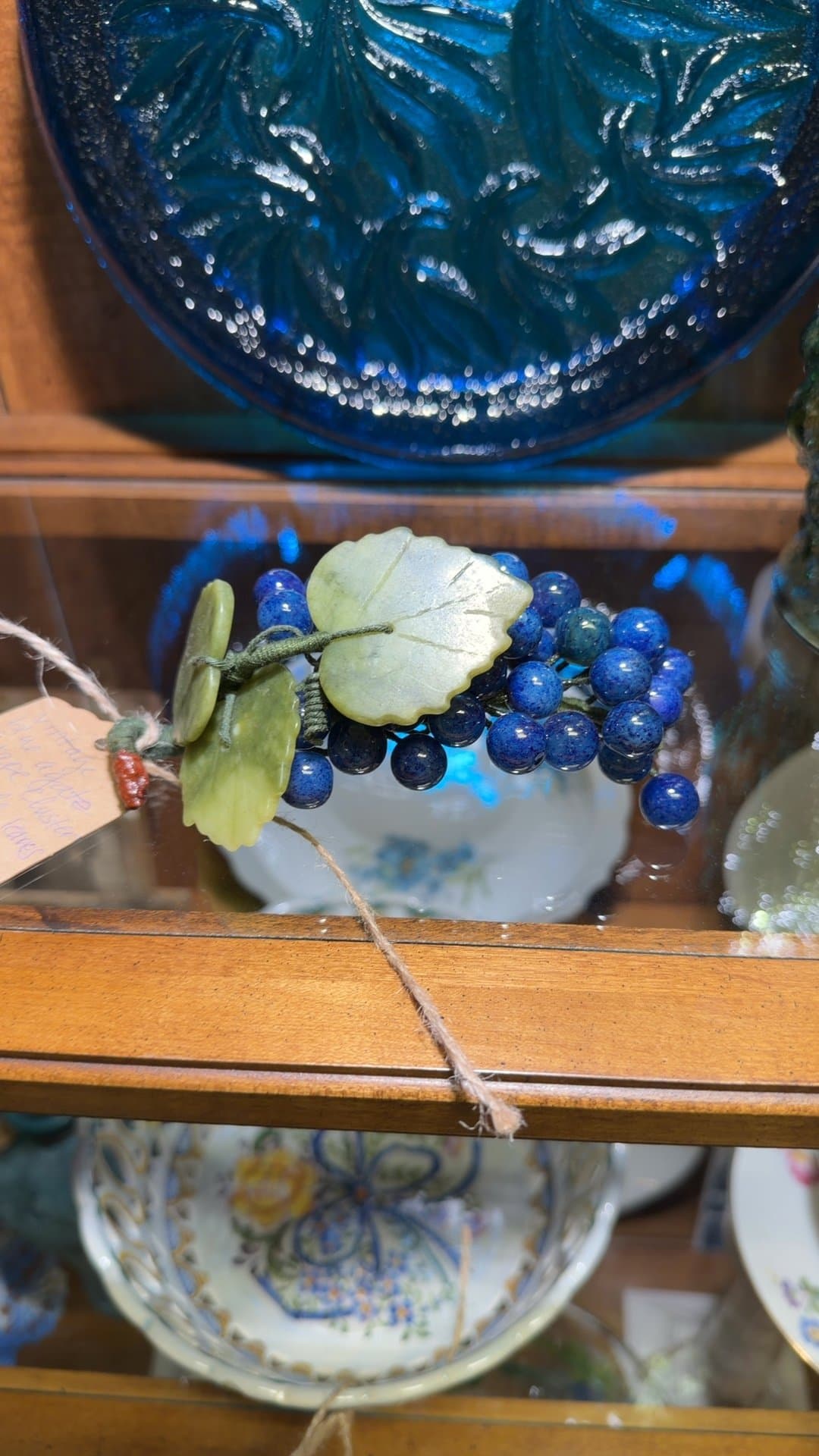 Vintage Blue Agate Grape Cluster with Jade Leaves - Image 1