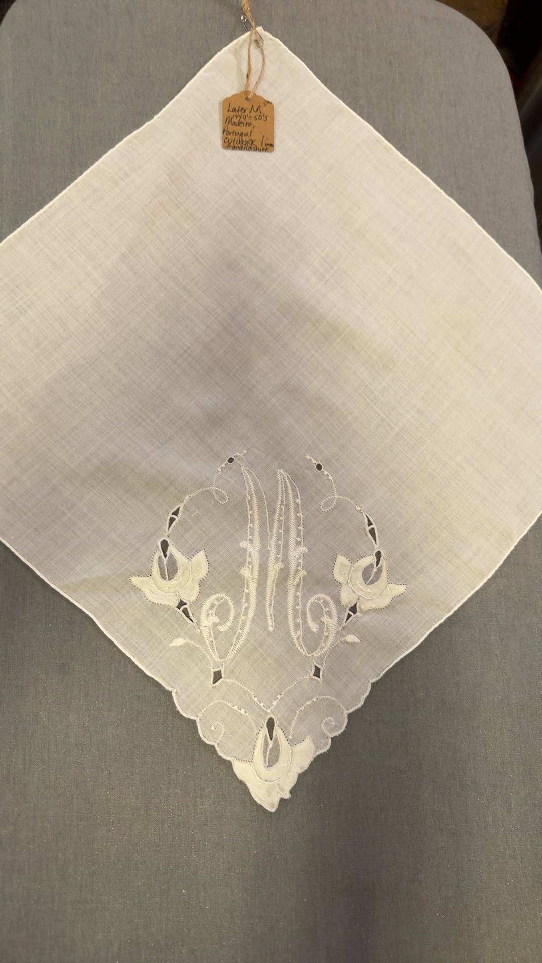 Vintage Madeira Embroidered Handkerchief with Monogram 'M' - Image 1