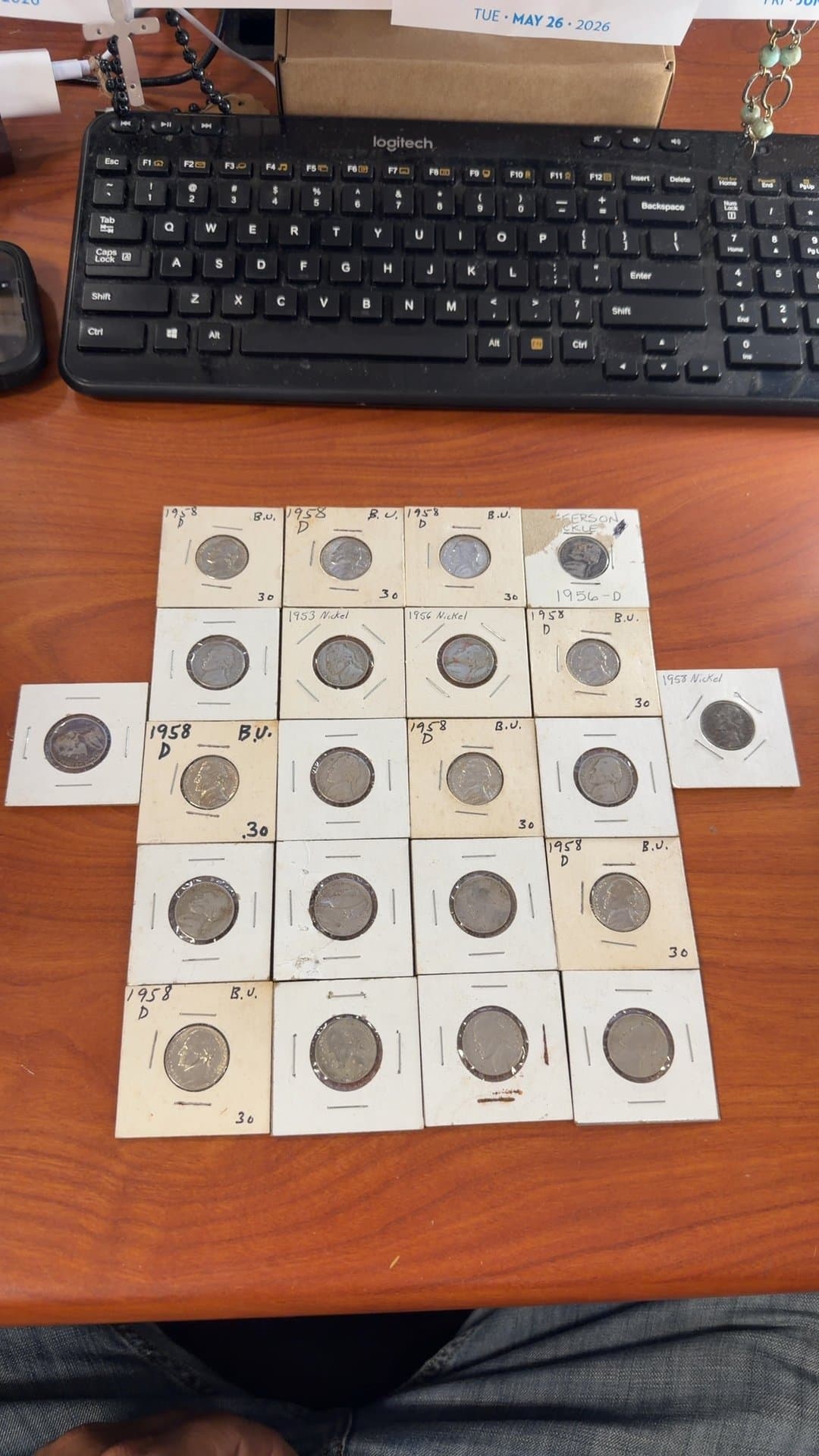 Collection of Vintage US Jefferson Nickels in 2x2 Cardboard Holders - Image 1