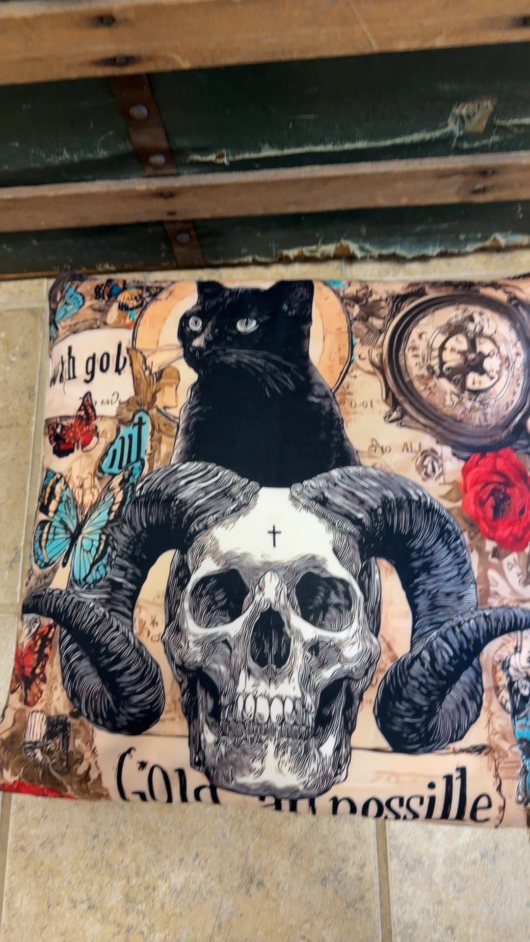 Gothic Black Cat and Horned Skull Throw Pillow - Image 1