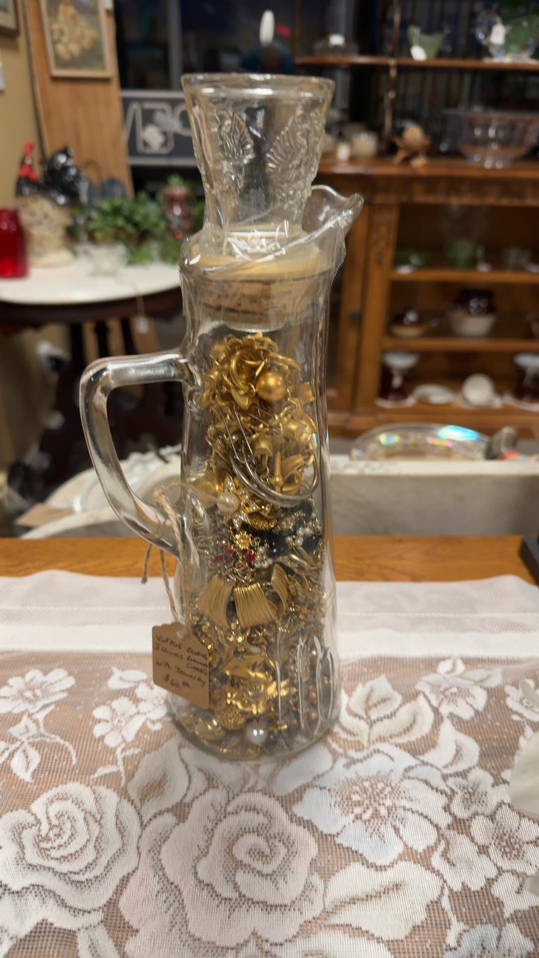 Vintage Glass Decanter with Costume Jewelry - Image 1