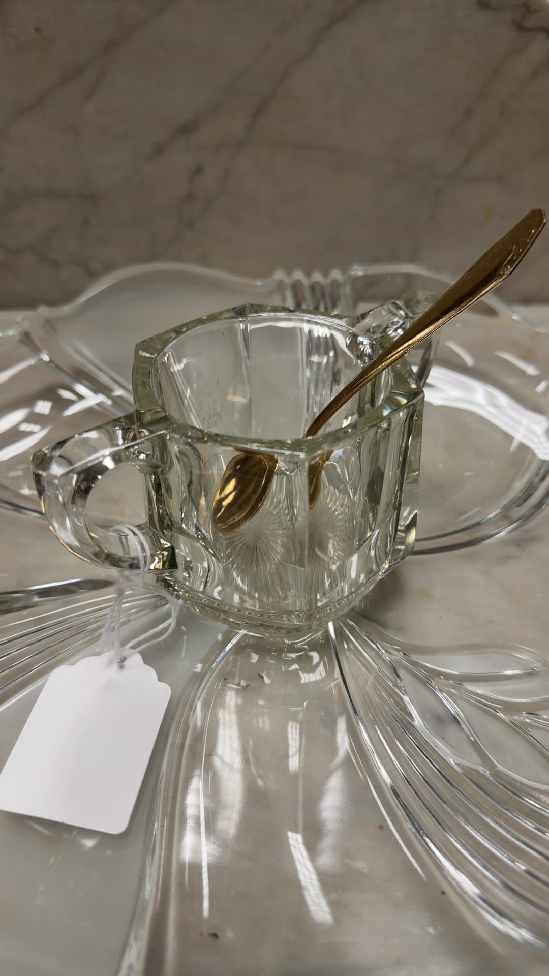Mid-Century Octagonal Starburst Glass Sugar Bowl with Spoon - Image 1
