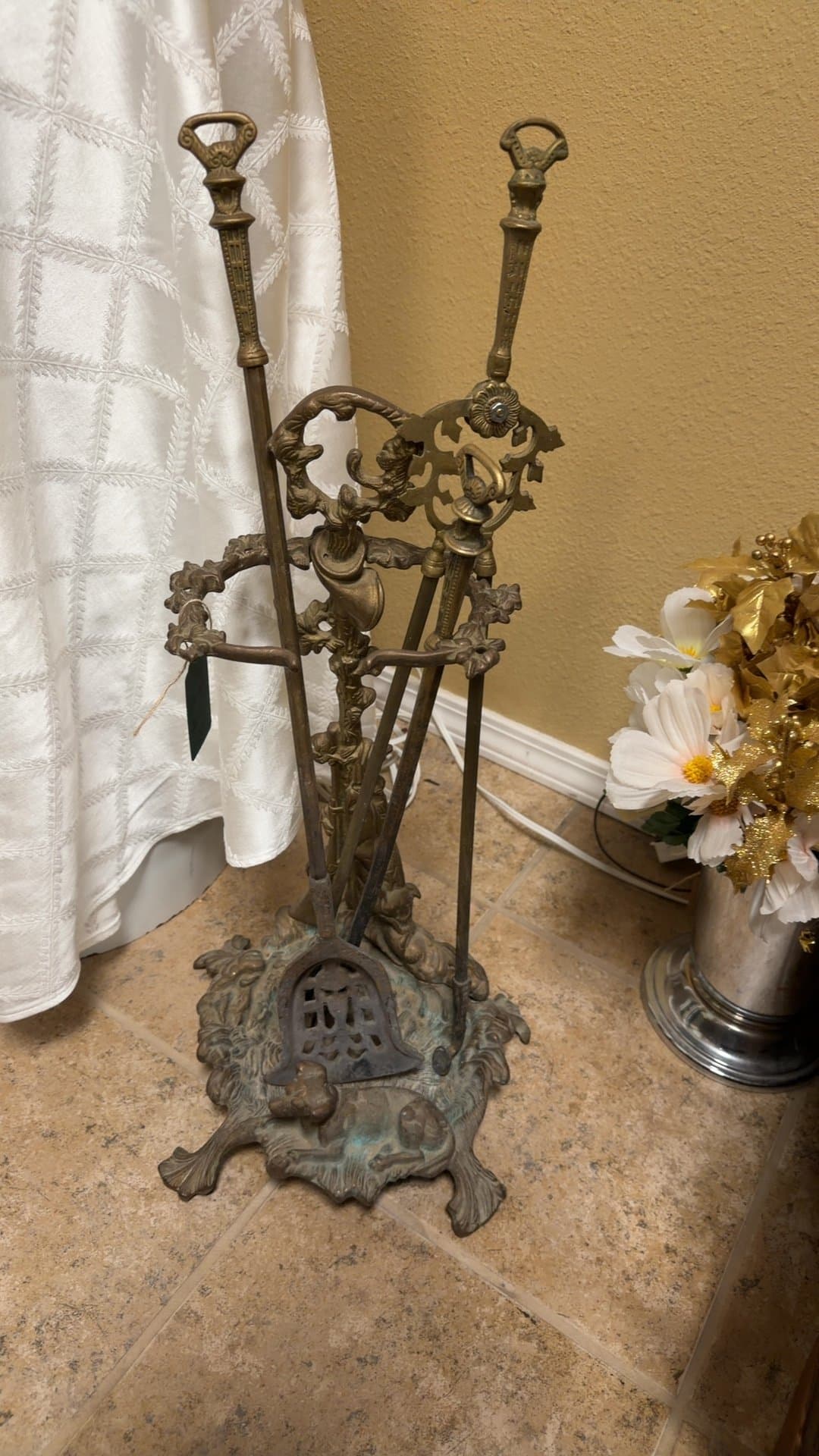 Antique Brass Fireplace Tool Set - Image 1