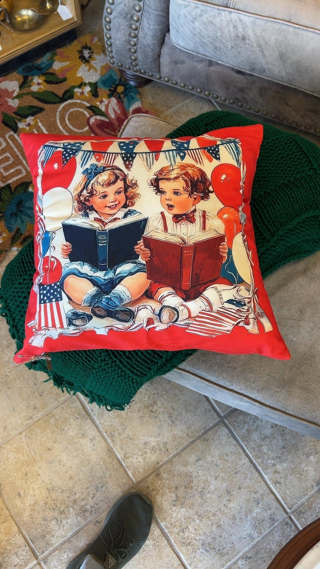 Vintage Patriotic Children's Decorative Pillow - Image 1