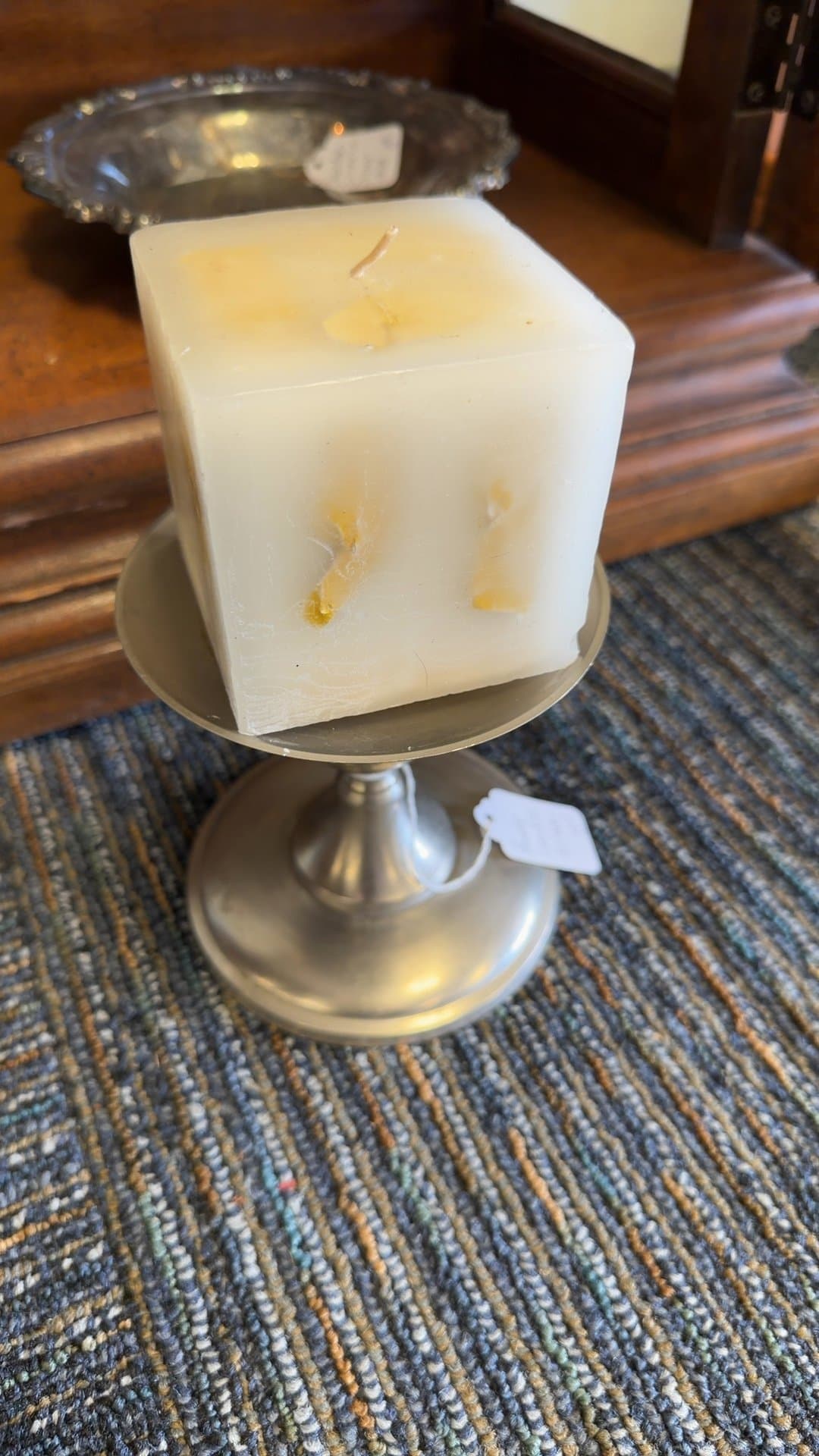 Pewter Candle Holder with Square Candle - Image 1