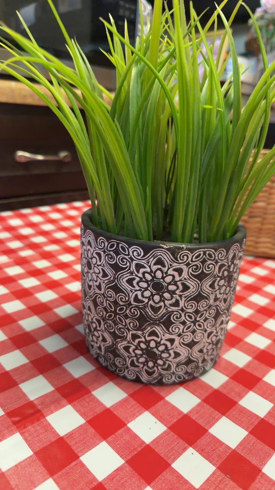 Artificial Potted Grass Plant in Black Patterned Planter - Image 1