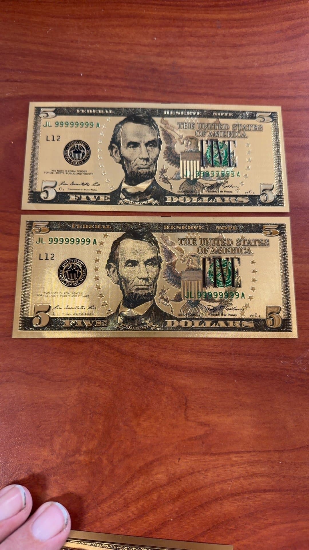 2 Gold-Plated Replica $5 Bills - Image 1