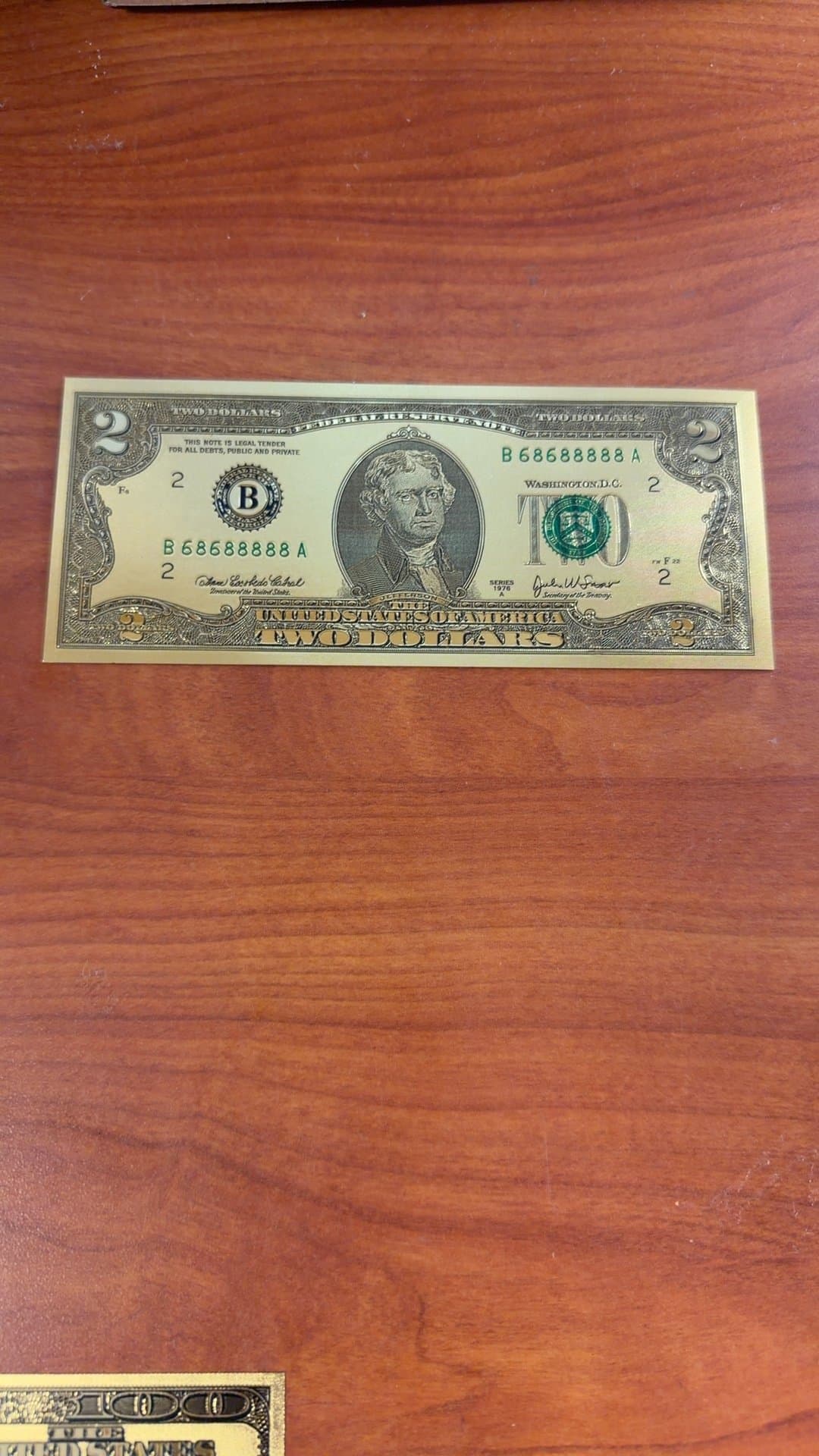 Gold Plated Two-Dollar Bill Replica - Image 1