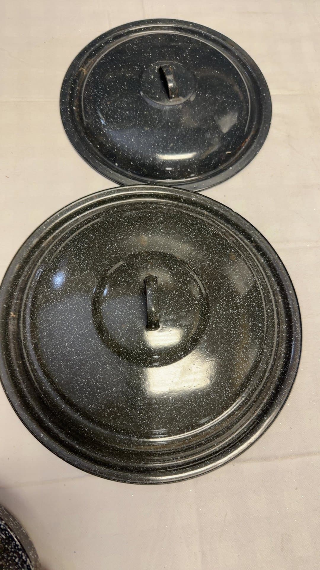 Vintage Black Speckled Enamelware Roaster Pot Lids - Image 1