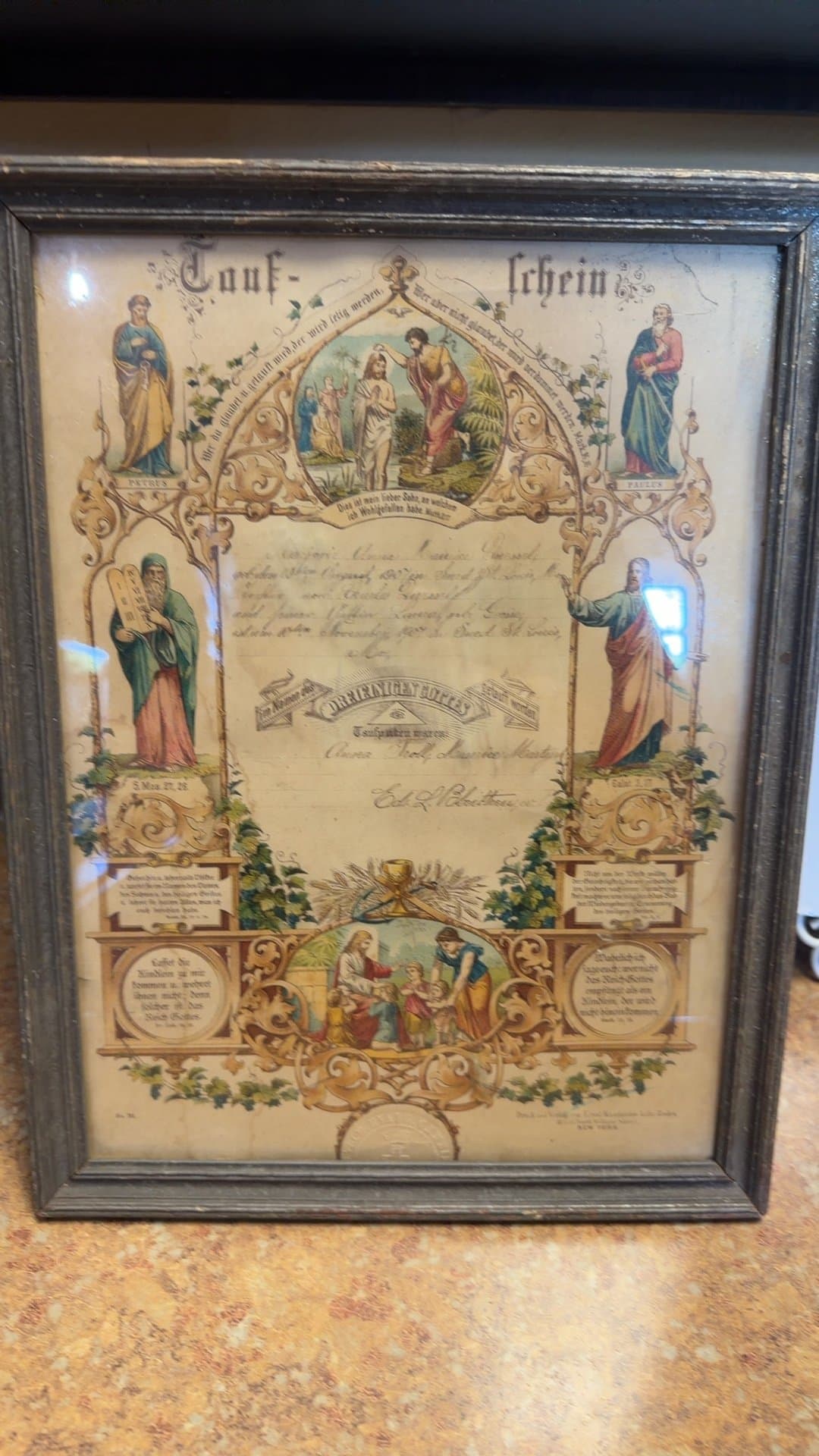 Vintage Baptism Certificate in Ornate Frame - Image 1