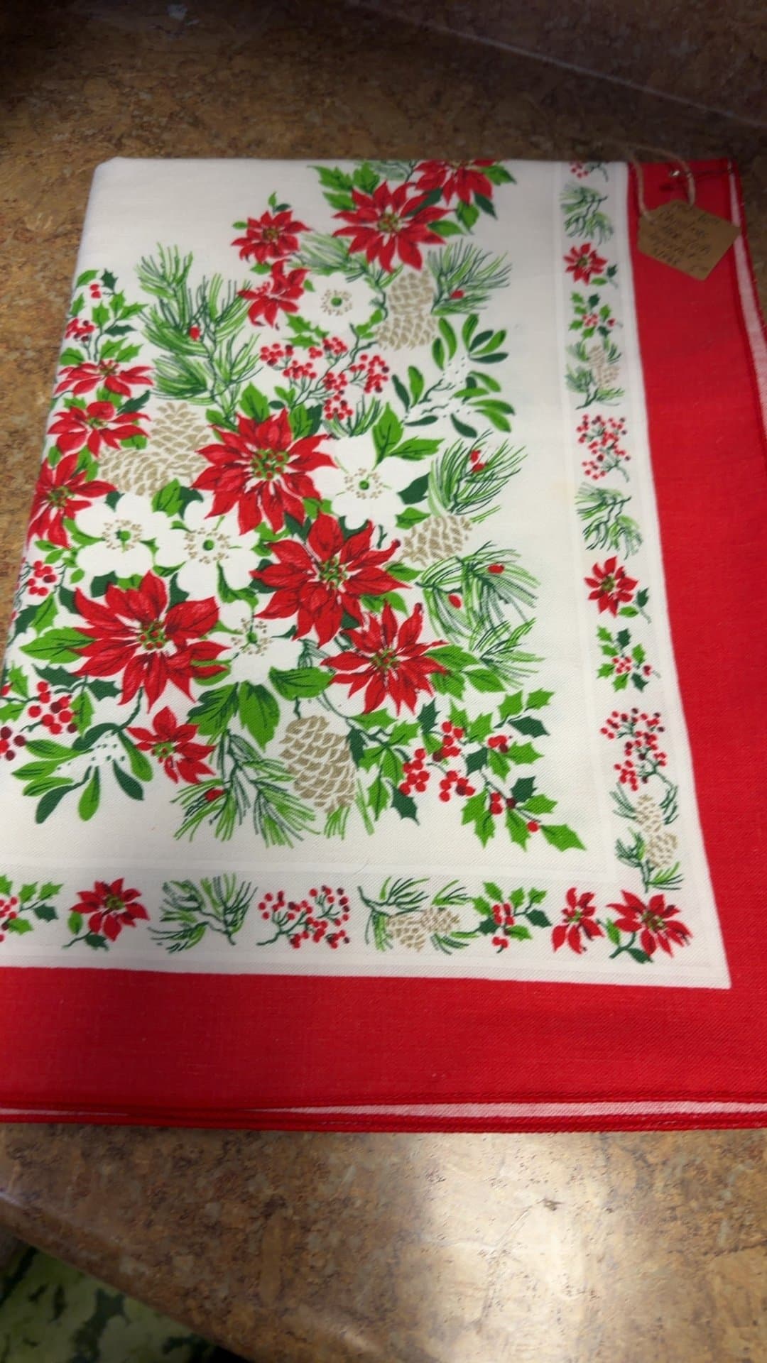 Vintage Christmas Floral Tablecloth 51x68 Imperfect - Image 1
