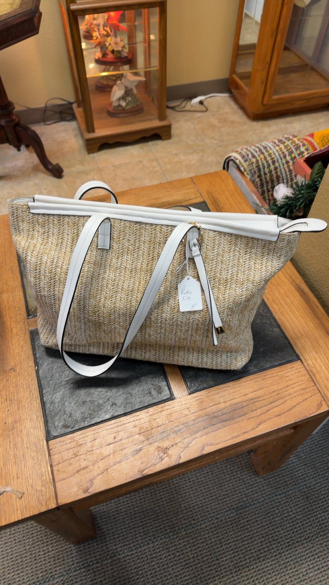 Woven Tote Bag with White Straps