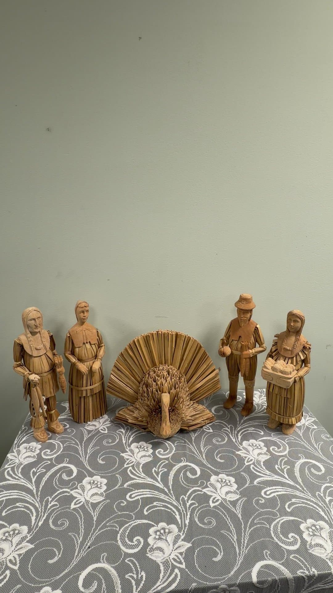 Vintage Corn Husk Thanksgiving Pilgrim and Native American Figurine Set with Turkey - Image 1