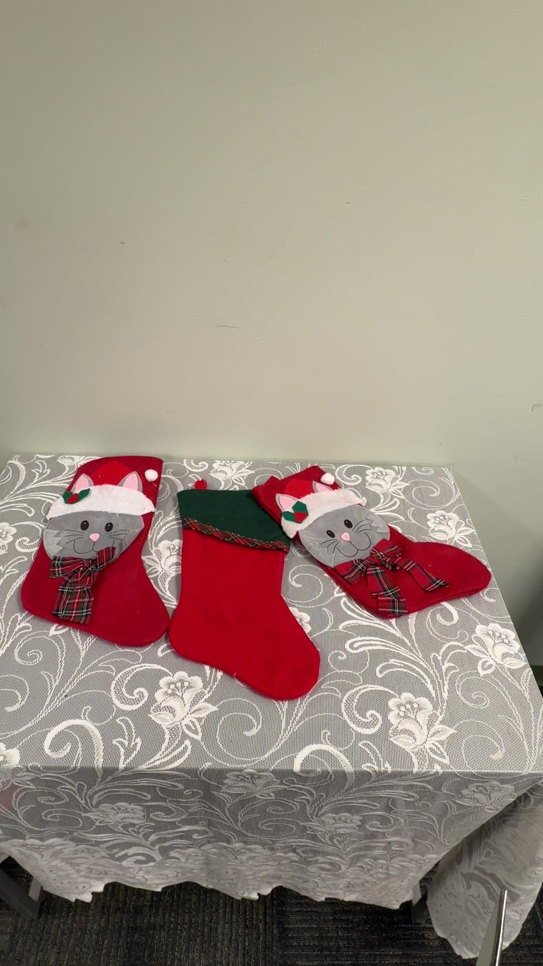 Set of 3 Plush Christmas Stockings with Cat Motif - Image 1