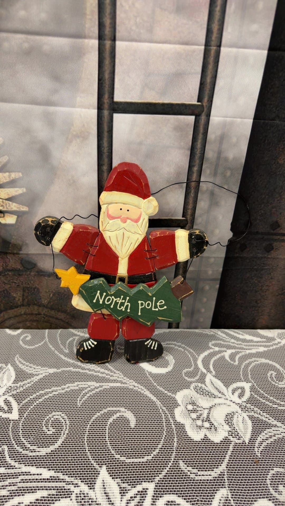 Rustic Wooden Santa Claus Hanging Christmas Ornament with 'North Pole' Sign - Image 1