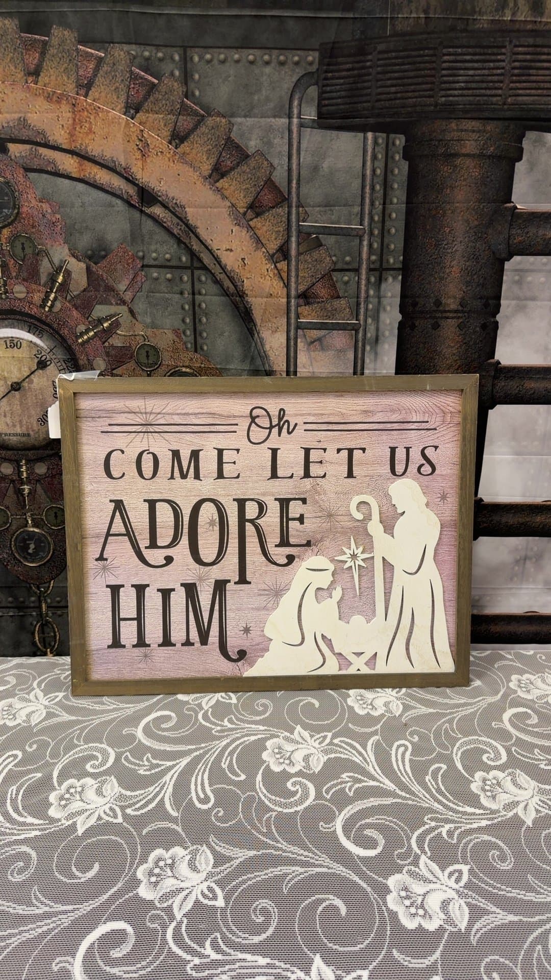 Oh Come Let Us Adore Him Framed Wooden Nativity Wall Sign - Image 1