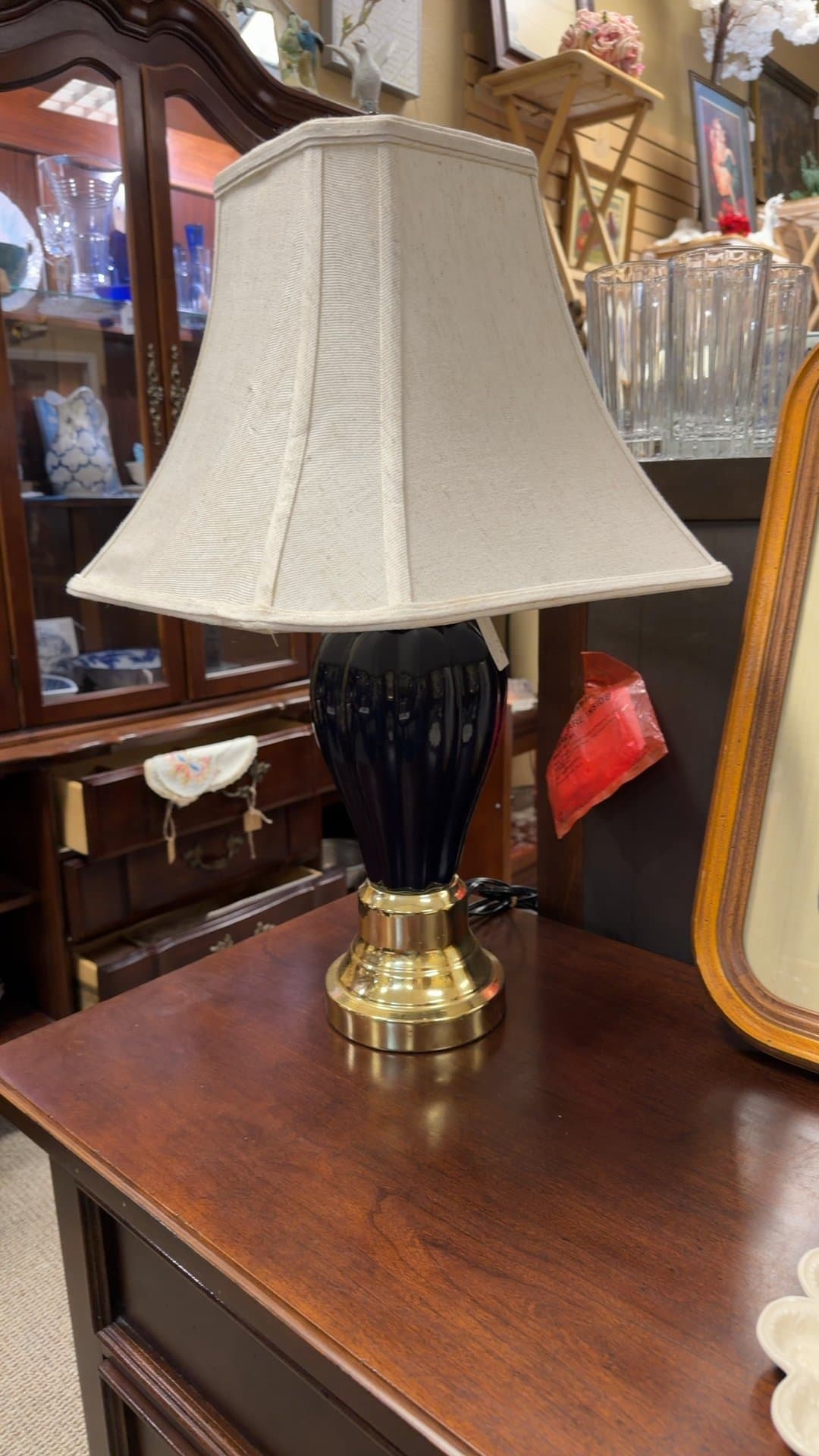 Vintage Brass and Ceramic Table Lamp with Shade - Image 1