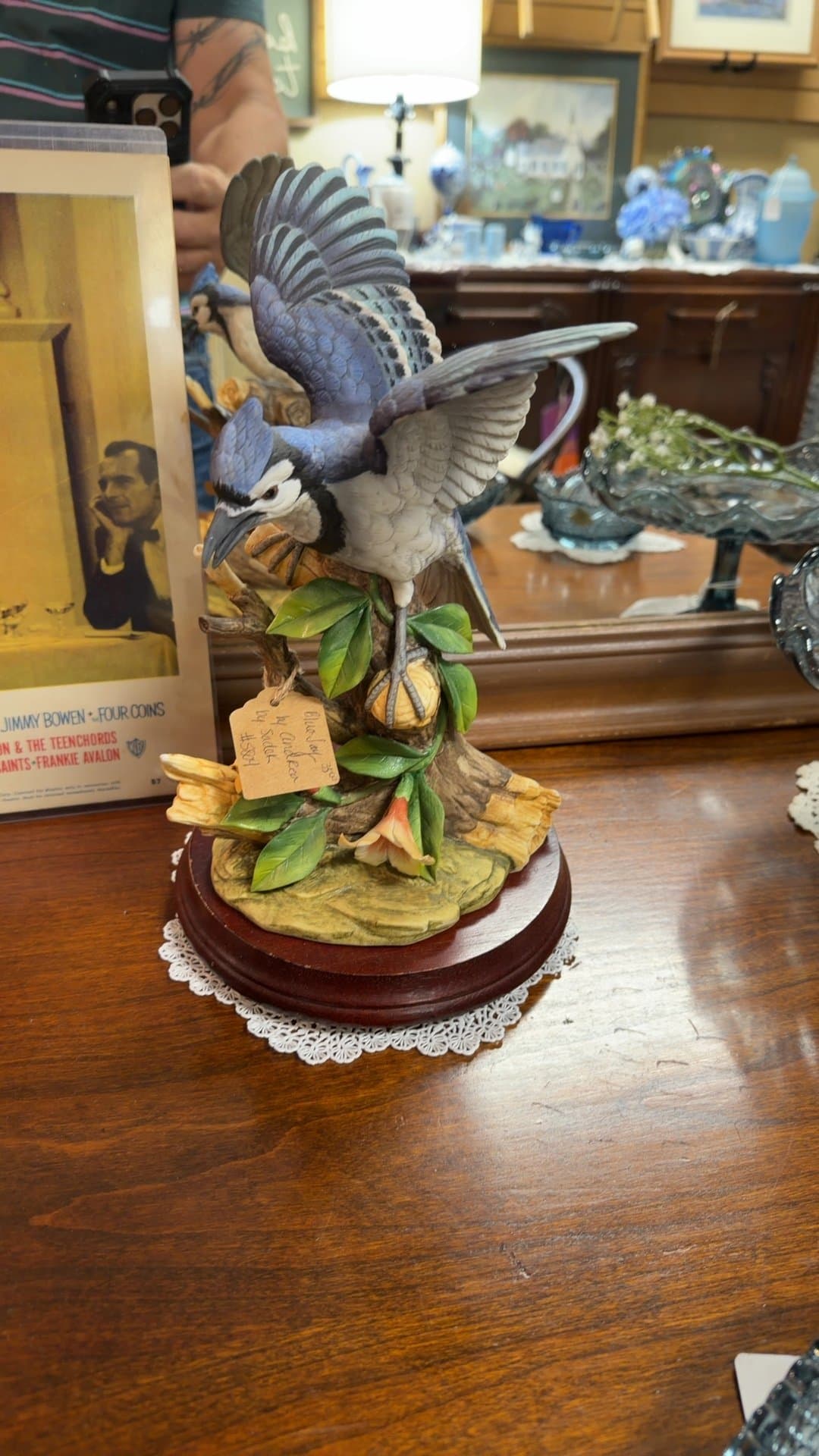 Blue Jay Bird Figurine on Wooden Base - Image 1