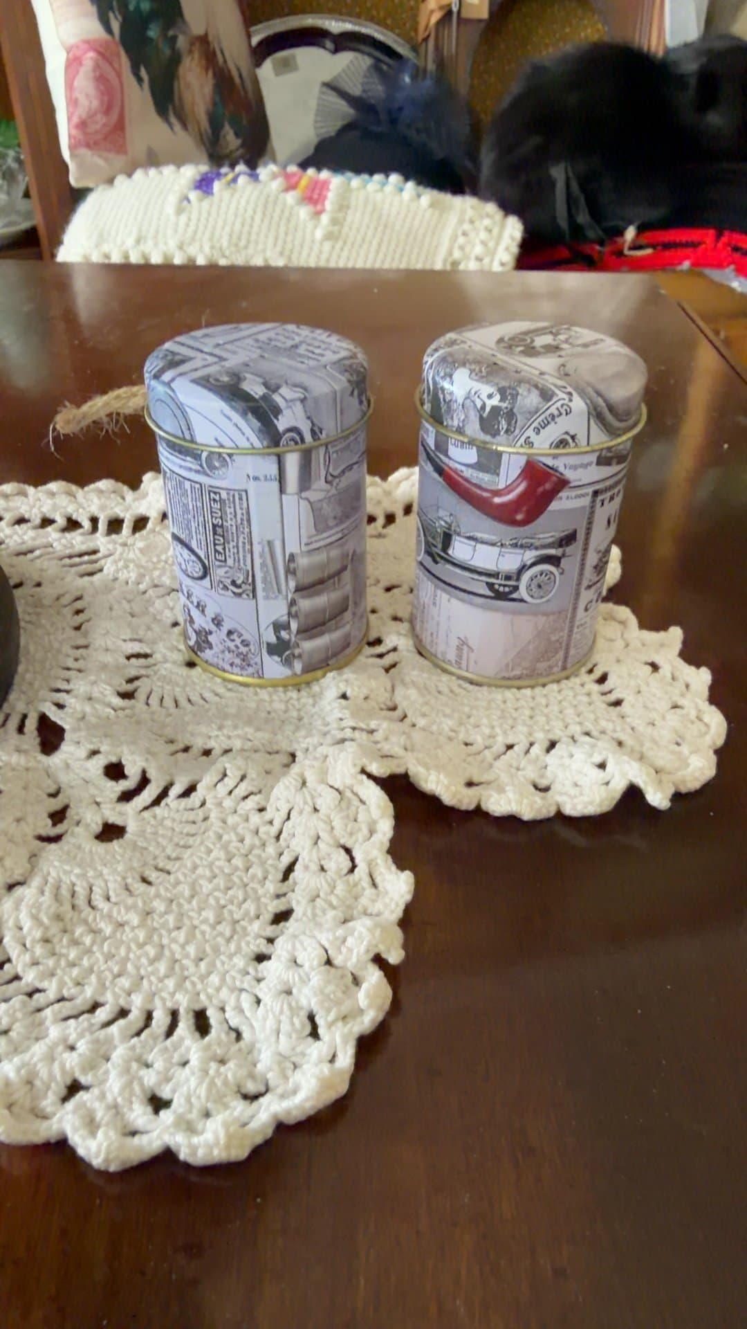 Vintage Tin Shaker Set on Crochet Doily - Image 1