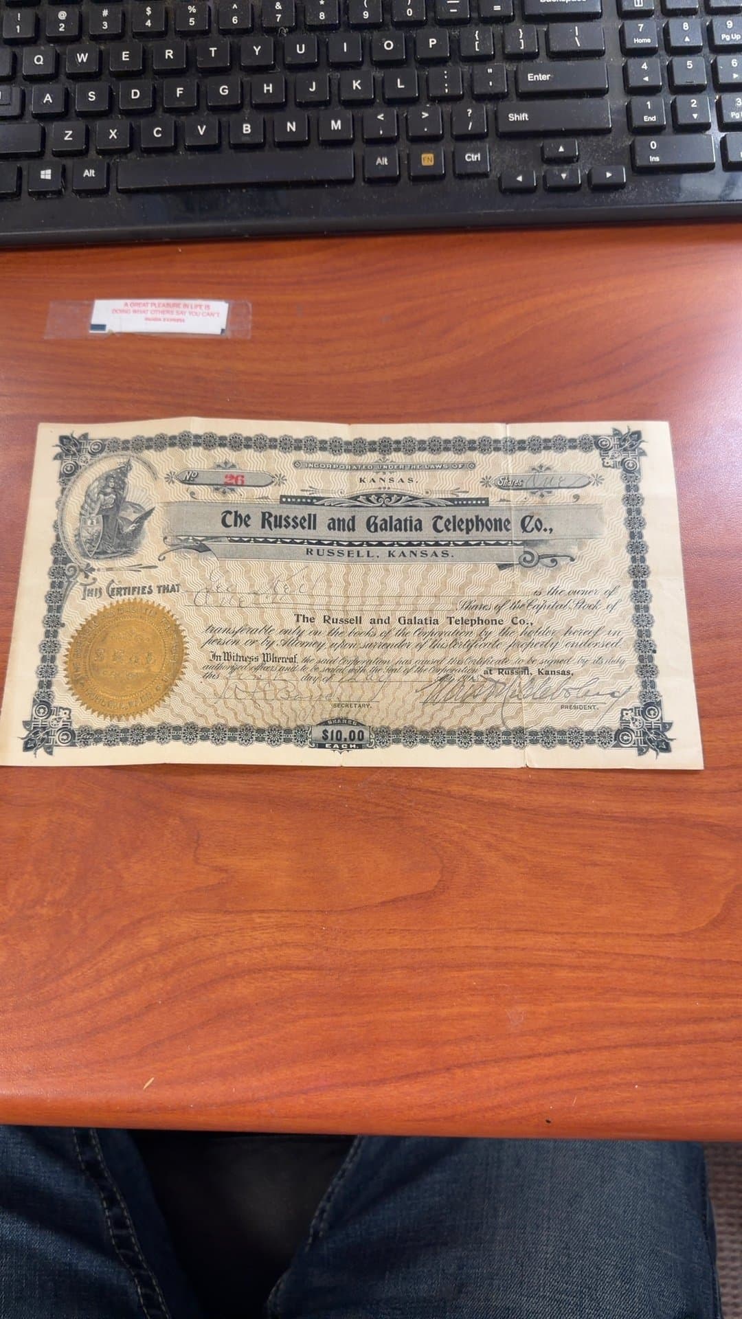 The Russell and Galatia Telephone Co. Stock Certificate - Image 1
