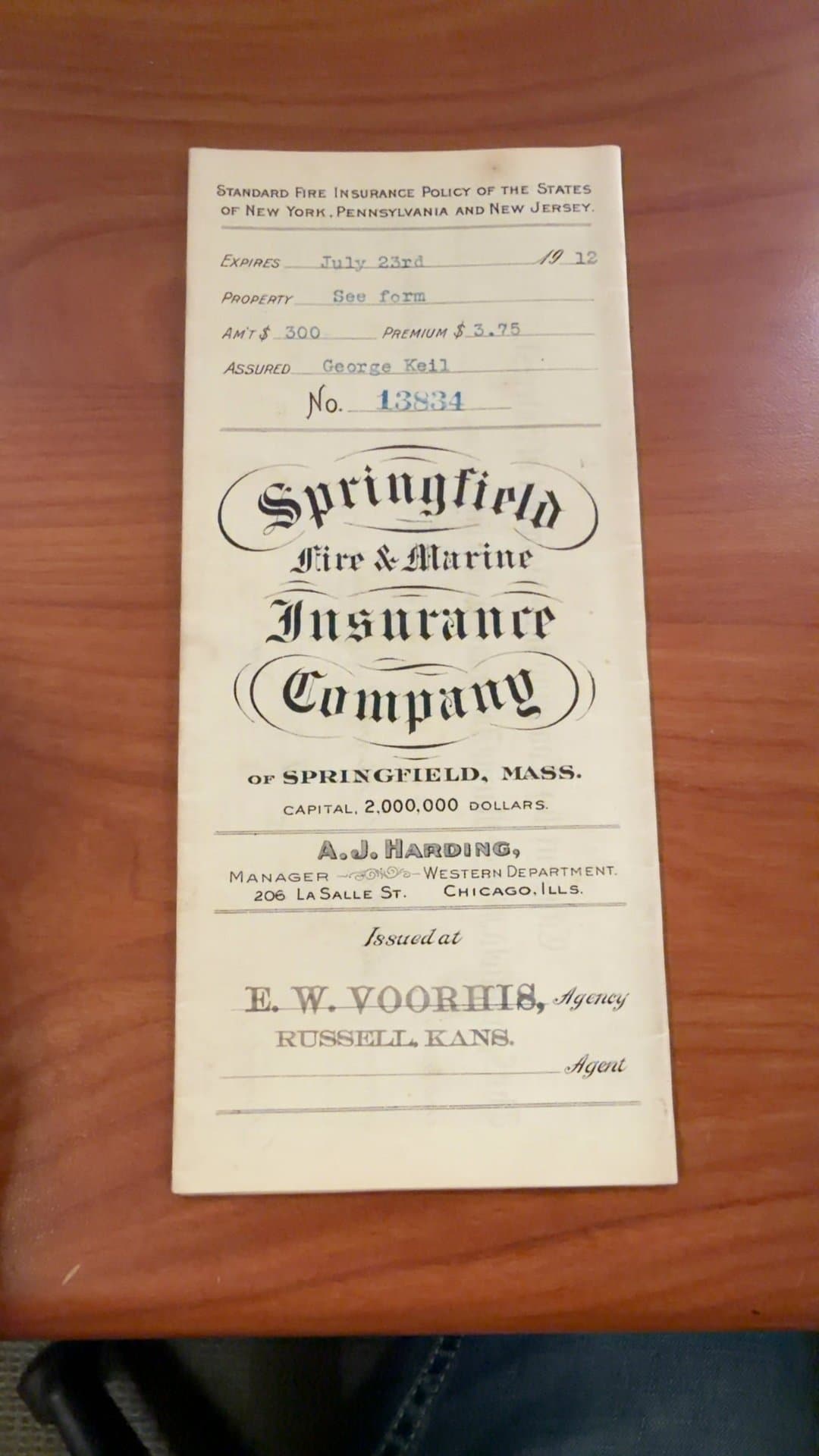 1912 Springfield Fire & Marine Insurance Policy - Image 1