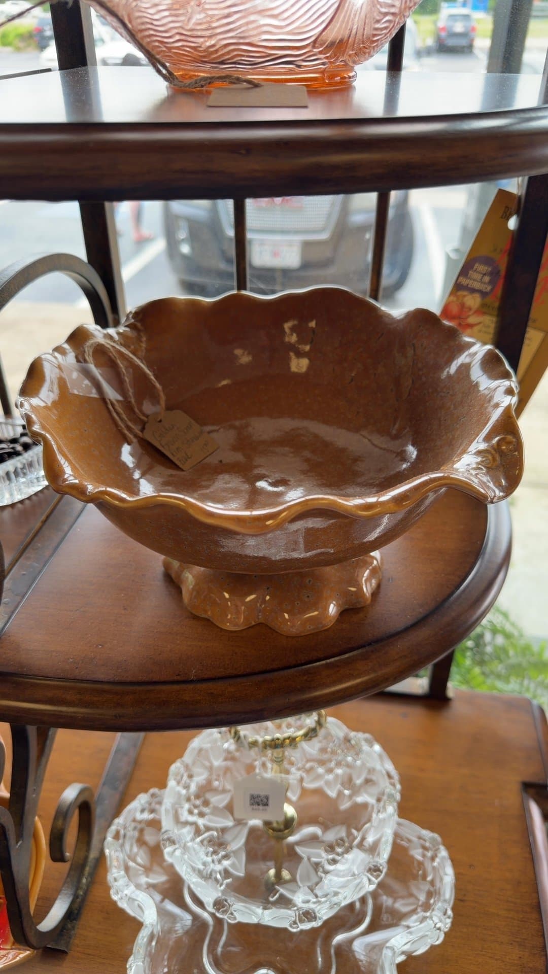 Golden Brown Scroll Rim Stoneware Bowl - Image 1