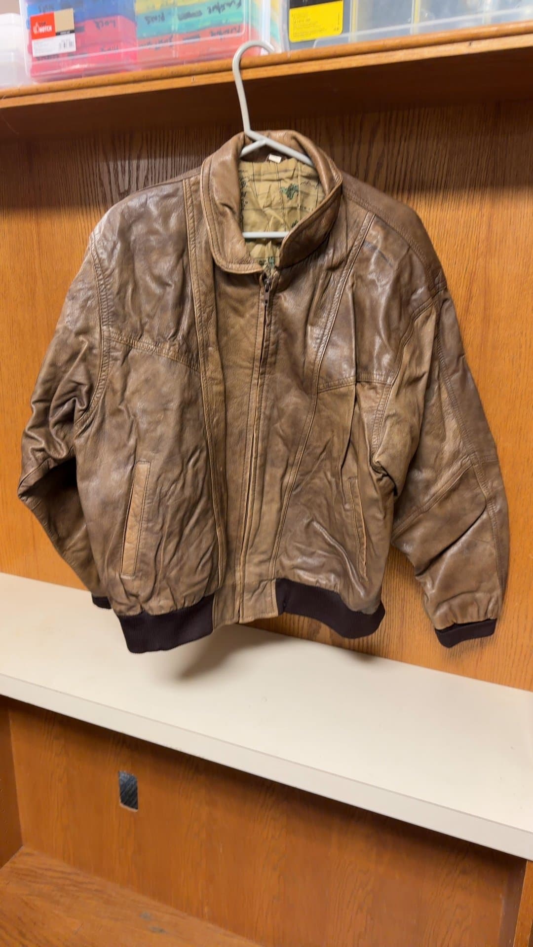 Brown Leather Bomber Jacket - Image 1