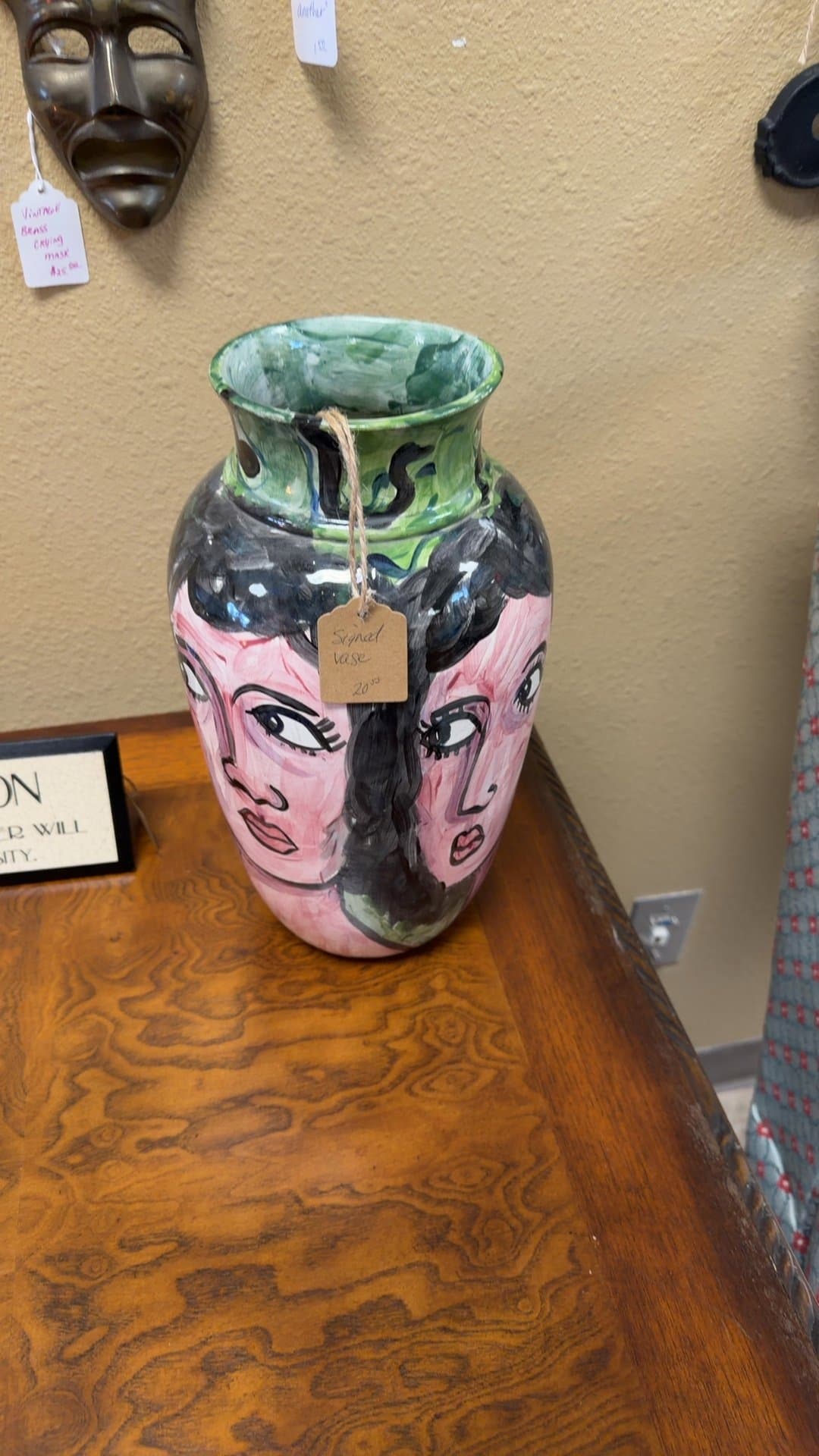 Hand-Painted Ceramic Vase with Faces - Image 1