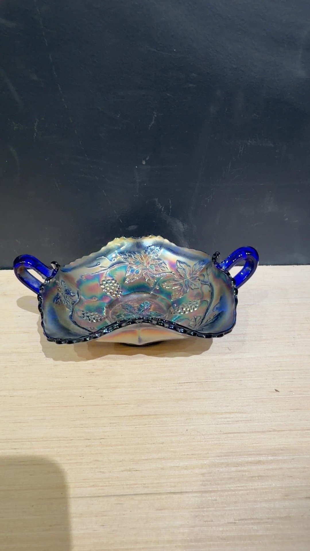 Vintage Cobalt Blue Carnival Glass Grape Pattern Double-Handled Bonbon Dish - Image 1