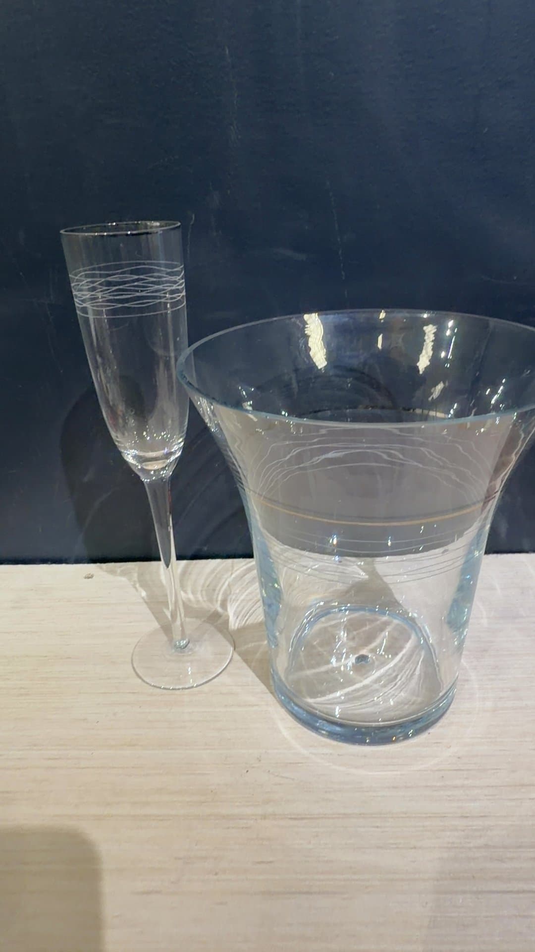 Clear Glass Champagne Flute and Wine Bucket Set with Etched Swirl Pattern - Image 1
