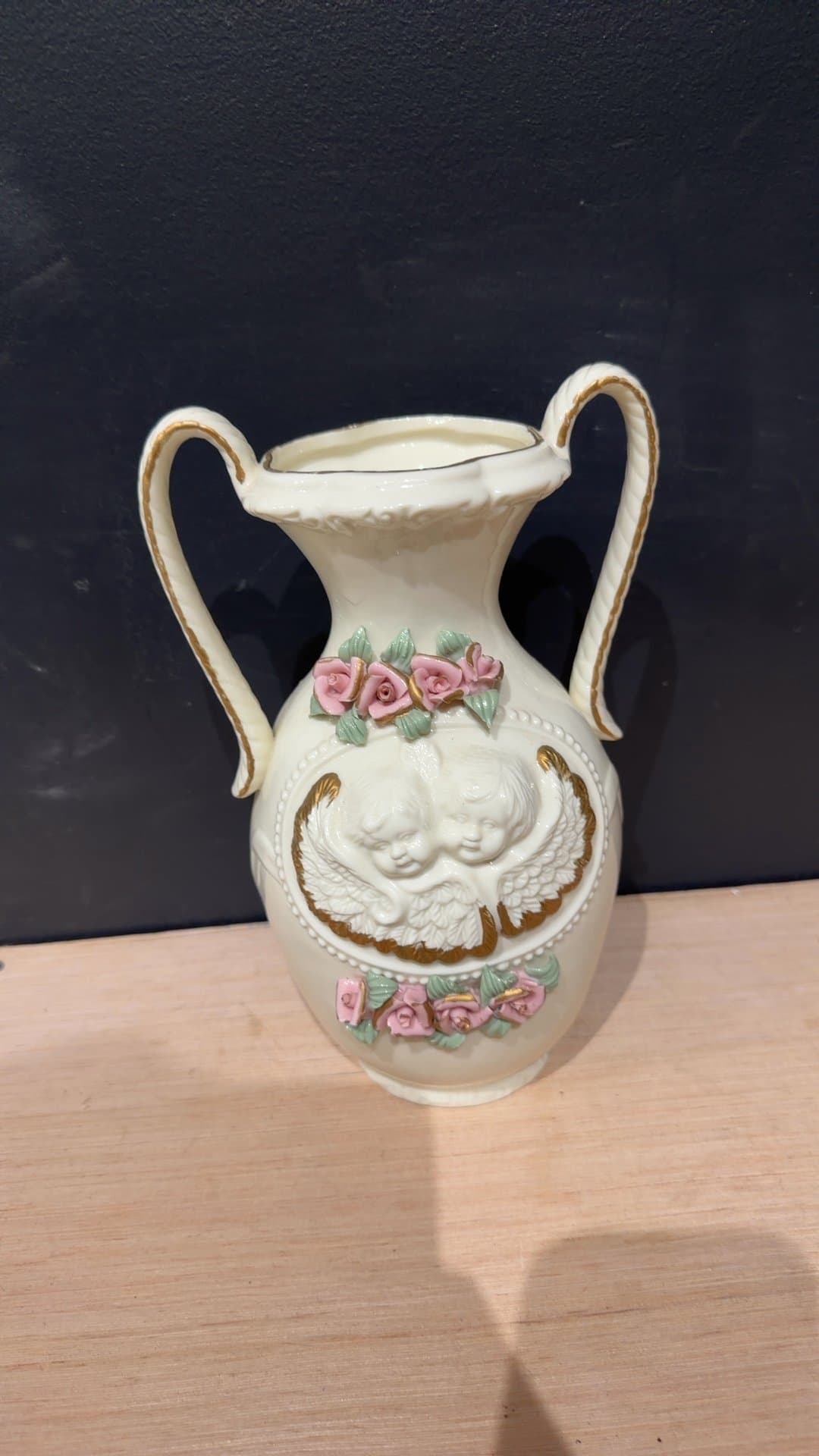 Vintage Ceramic Cherub and Rose Double-Handled Vase - Image 1
