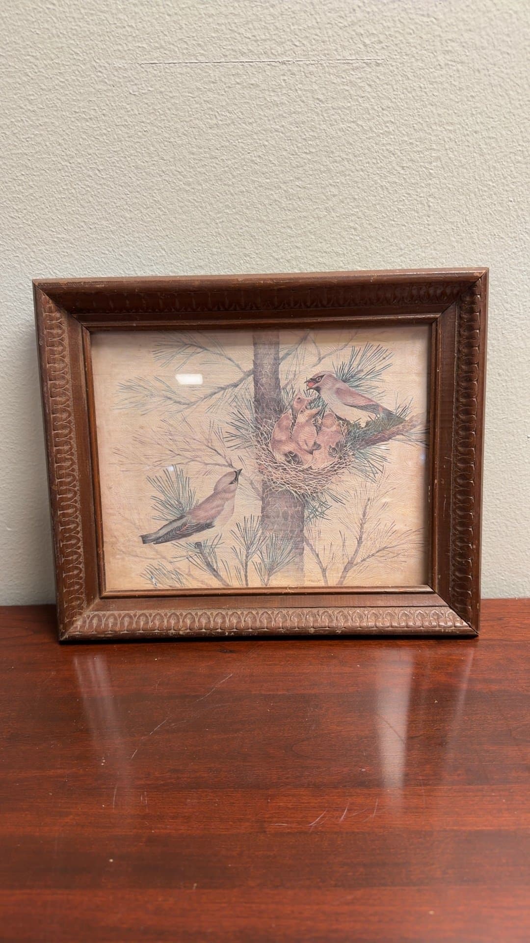 Vintage Wooden Picture Frame with Bird Illustration - Image 1
