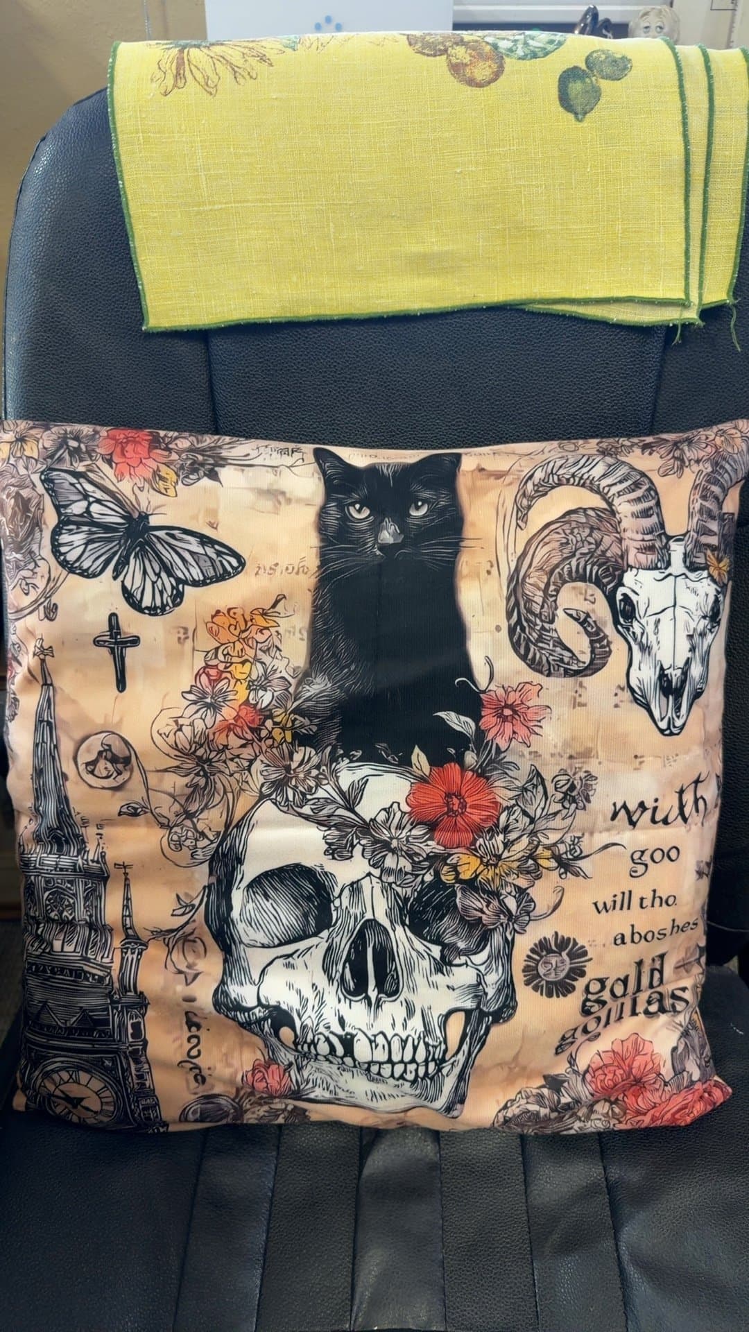 Gothic Decorative Pillow with Cat and Skull Design - Image 1