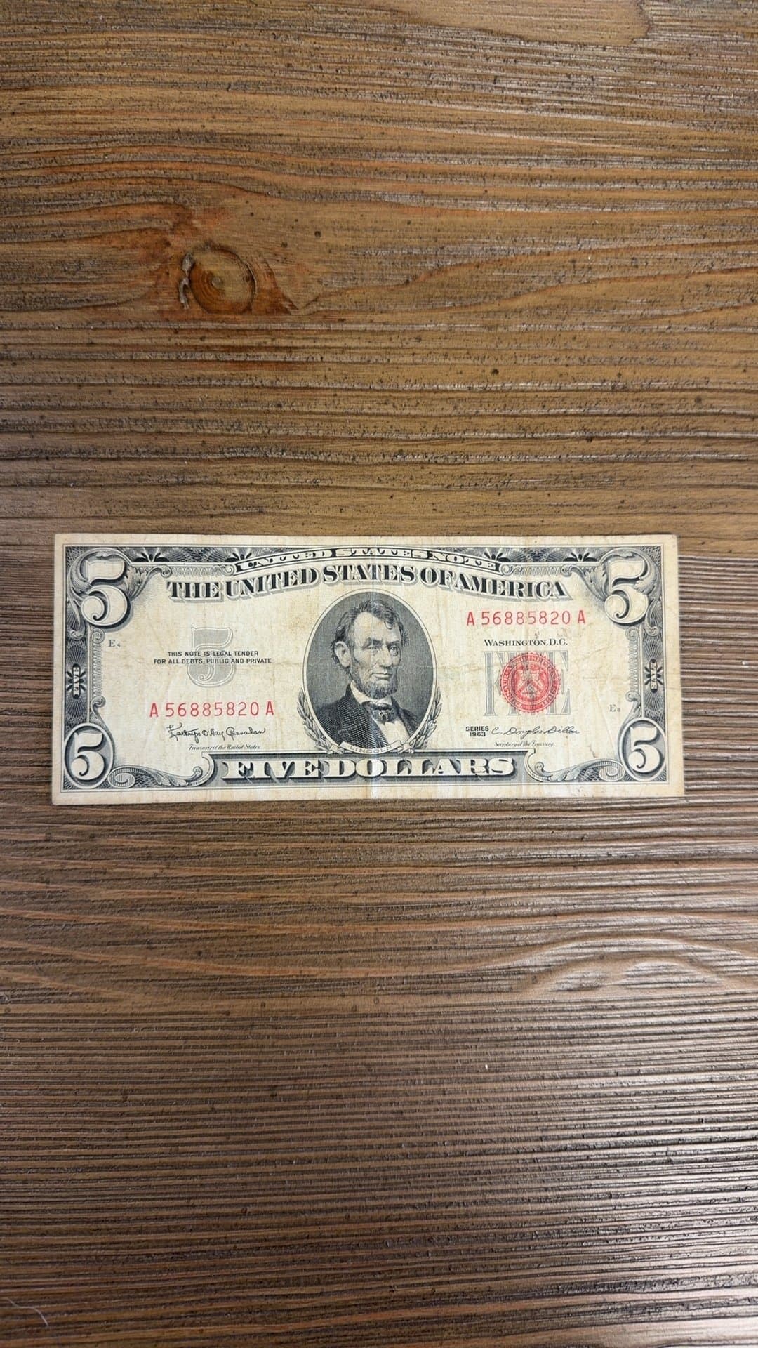 1963 United States Five Dollar Red Seal Banknote - Image 1