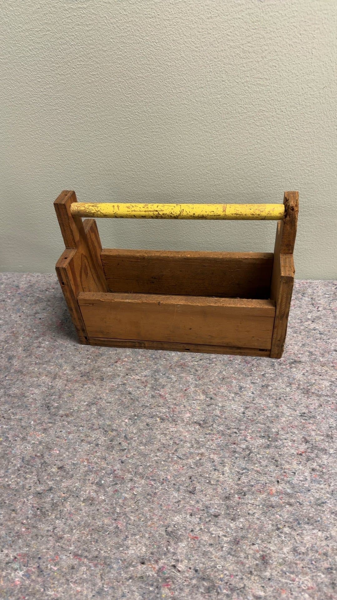 Vintage Wooden Tool Caddy with Yellow Handle - Image 1