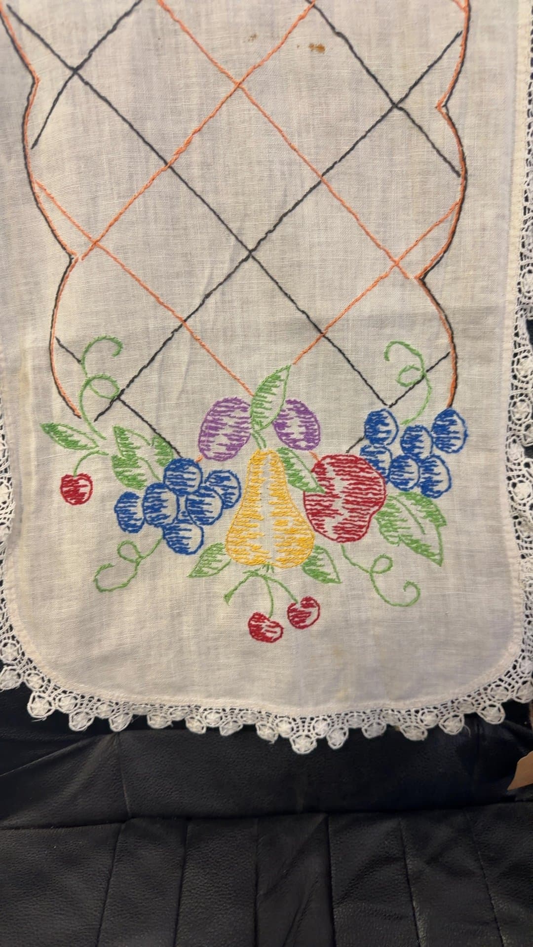Vintage Embroidered Table Runner with Fruit Design - Image 1