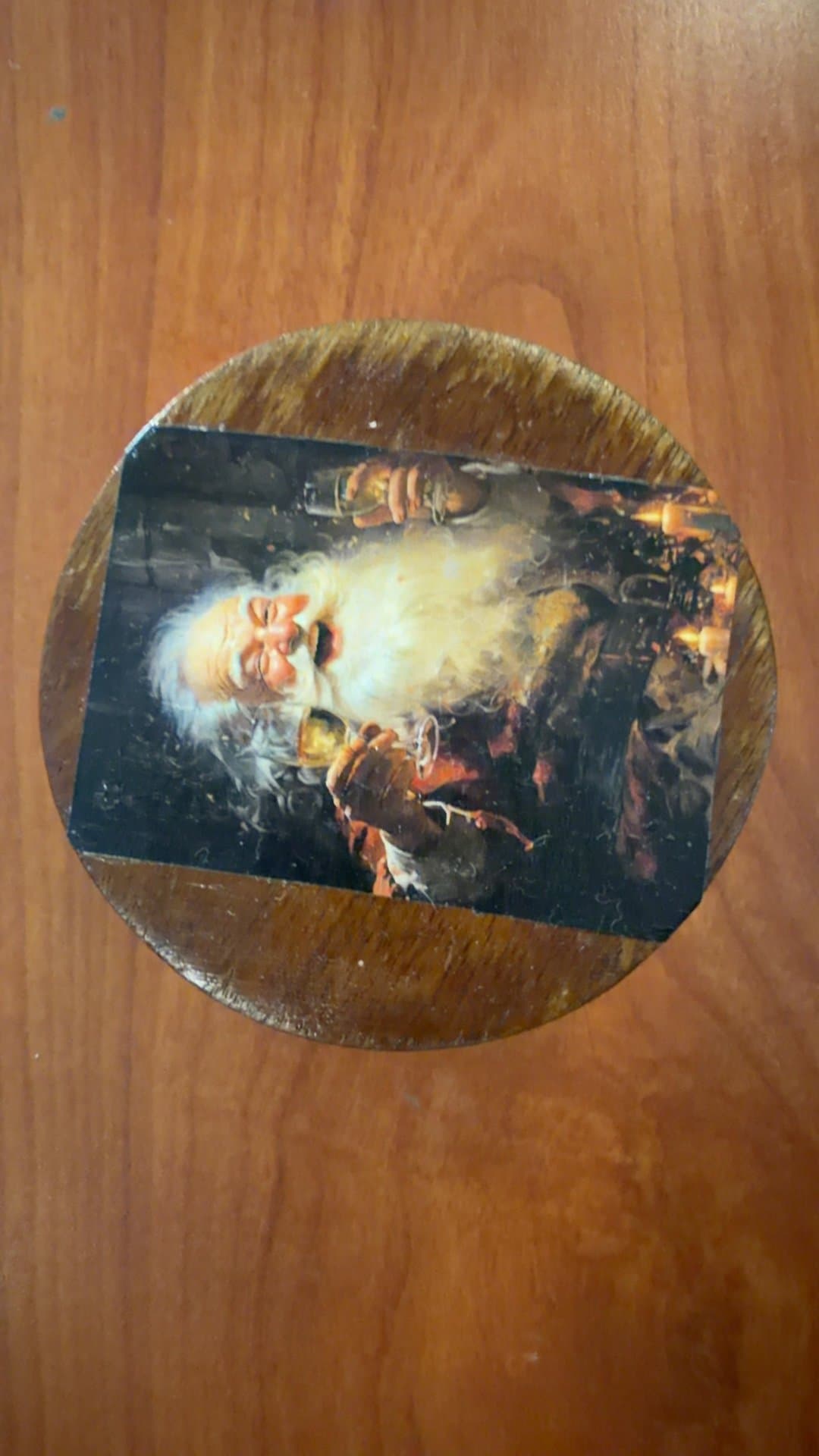 Vintage Round Wooden Trinket Box with Old Man Painting Lid - Image 1