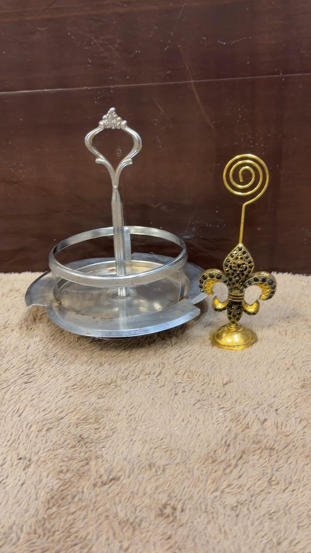 Metal and Glass Serving Tray with Fleur-de-Lis Photo Holder - Image 1