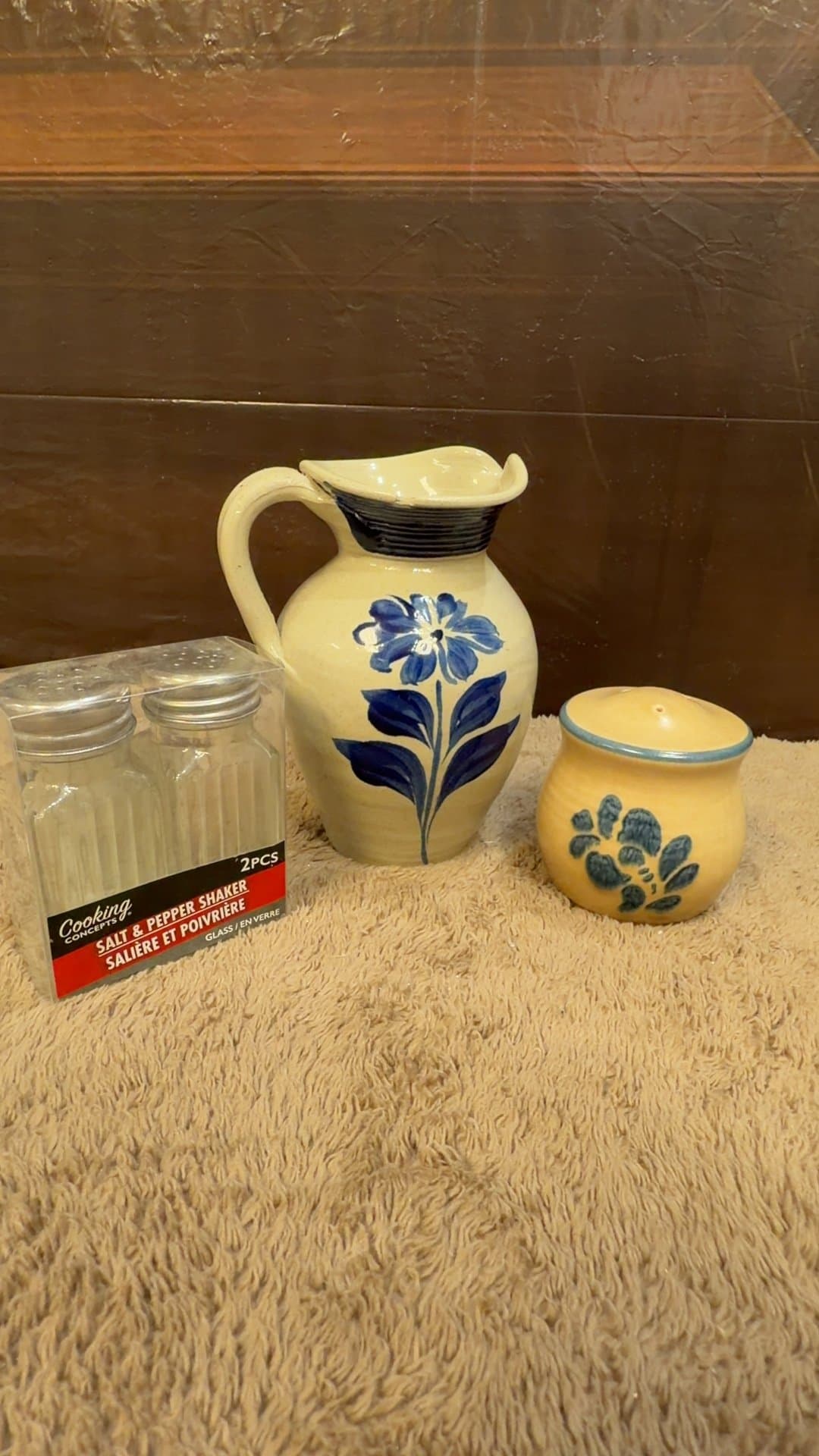 Vintage Salt Glaze Stoneware Pitcher and Shakers Lot - Image 1
