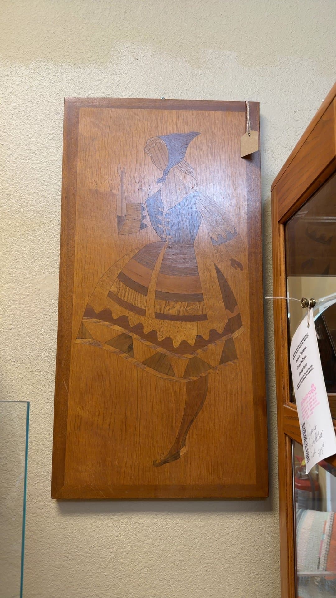 Vintage Swedish Maiden Marquetry Wood Art - Image 1