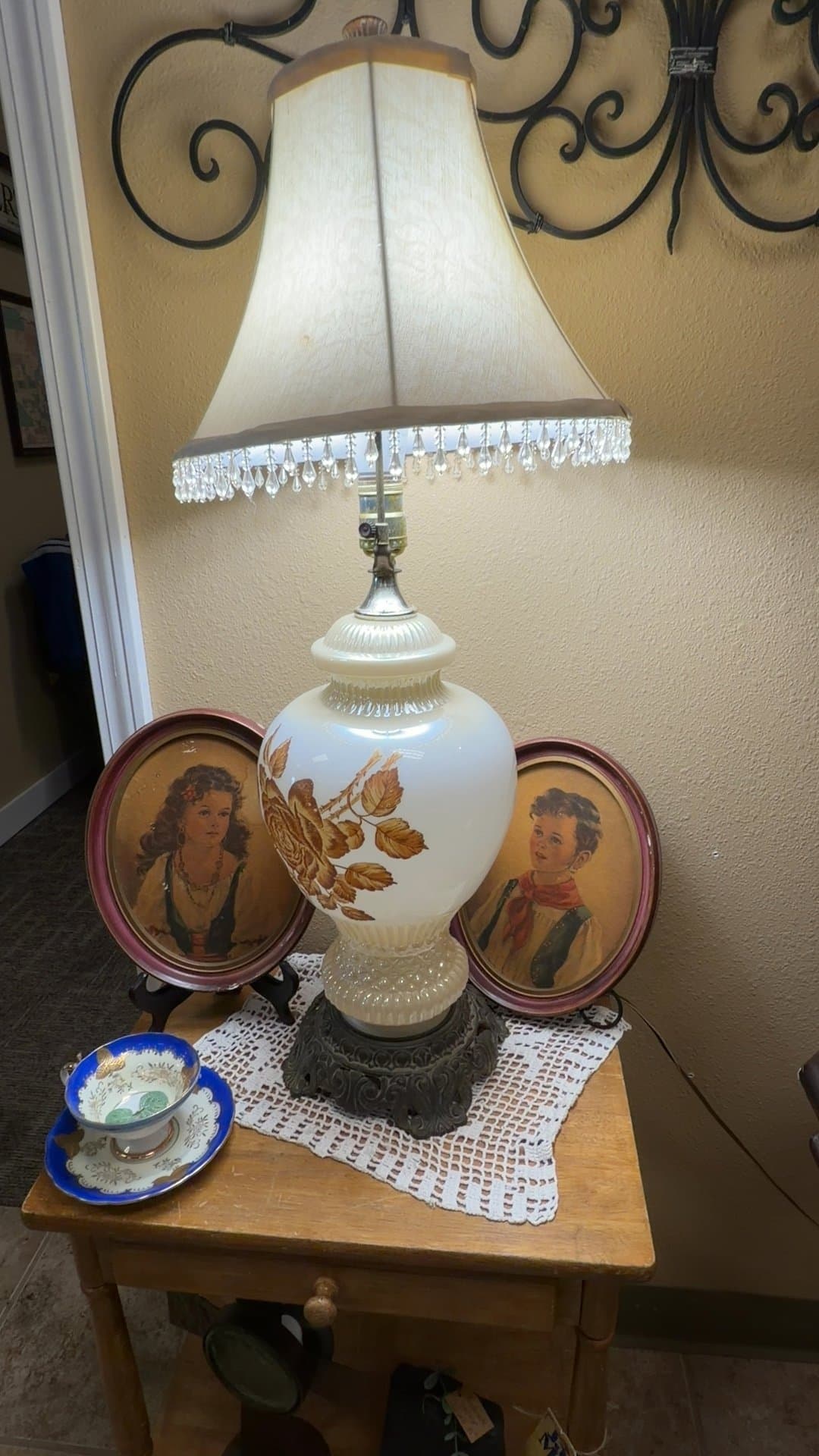 Vintage Glass Table Lamp with Floral Design