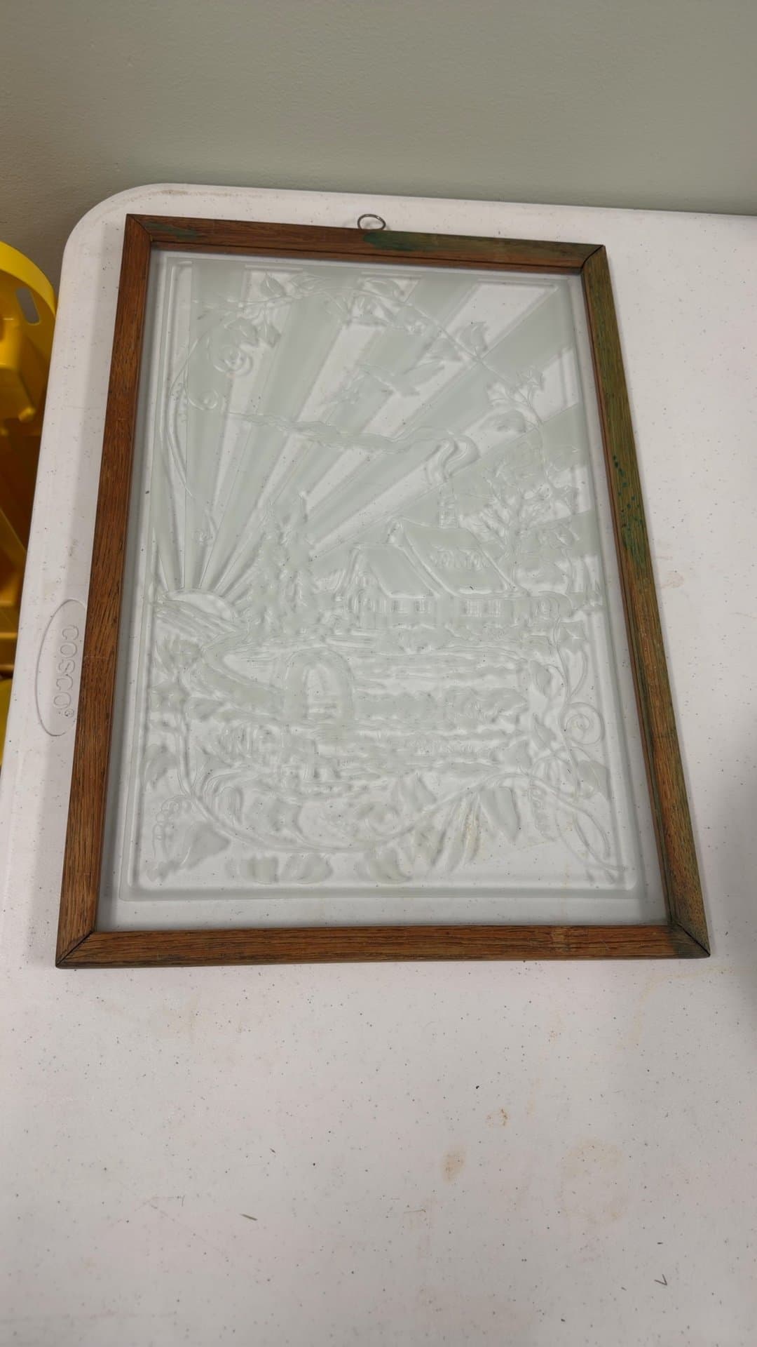 Vintage Etched Glass Panel with Wooden Frame - Image 1